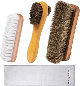 TAKAVU Shoe Shine Brushes Kit (4PCS) - 100% Soft Horsehair Bristles Brush, Polish Applicator, Crepe Suede Shoes Brush, Microfiber Buffing Cloth for Shoes, Leather, Boot, Cloth, Bag