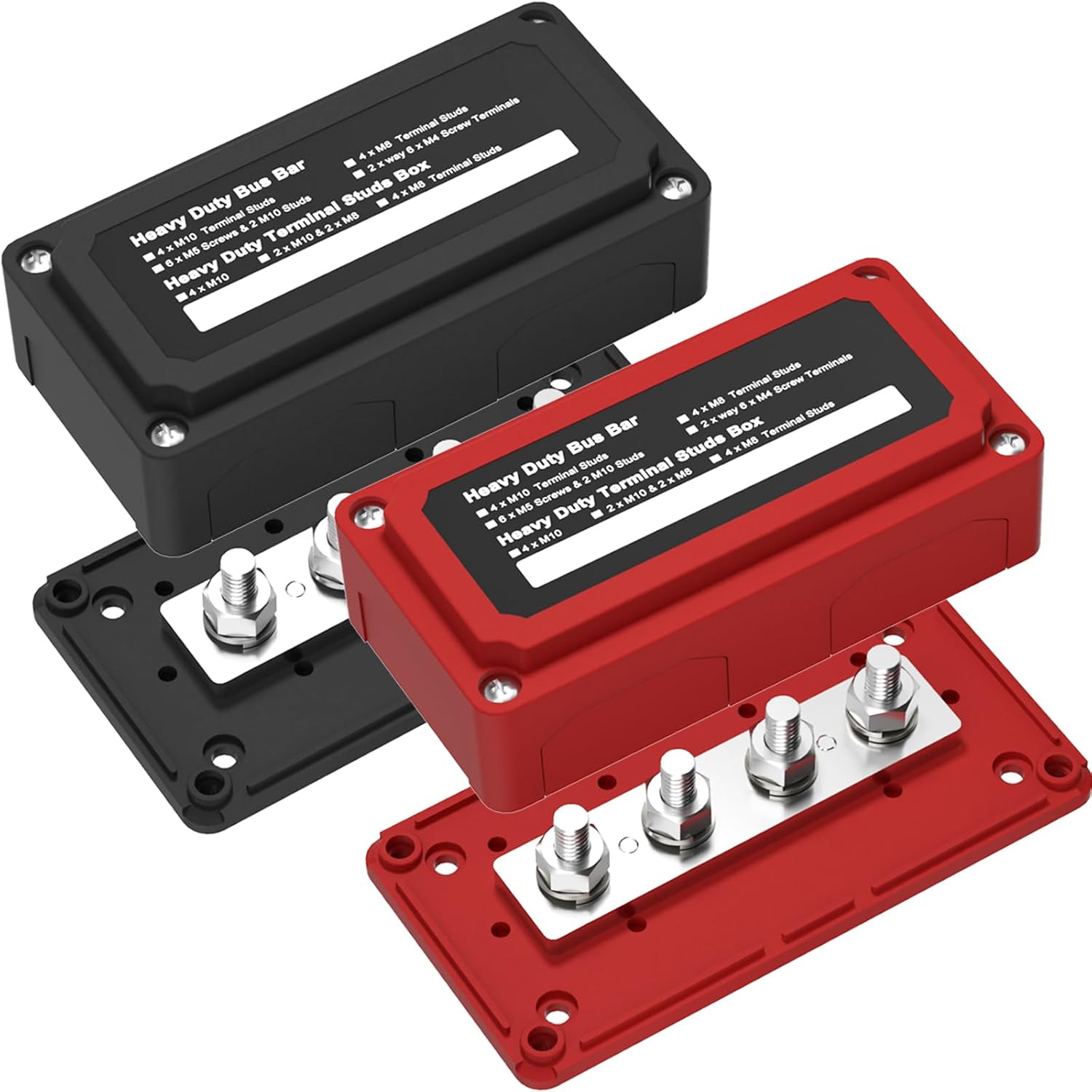 2pcs 300A Bus Bar Box Nickel Plated Brass Power Distribution Block with 4xM8 (5/16 inch) Positive Negative Ground Battery Junction Block Buss Bar with Cover DC12 24 48V（Red & Black）