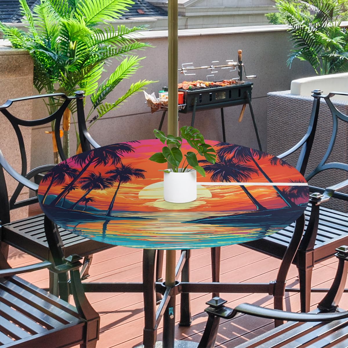 FZDXZJJ Beach Palm Tree Round Outdoor Tablecloth with Umbrella Hole and Zipper,Tropical Ocean Fitted Tablecloth Elastic Edge Patio Table Cover for Spring Summer Picnic Party 36