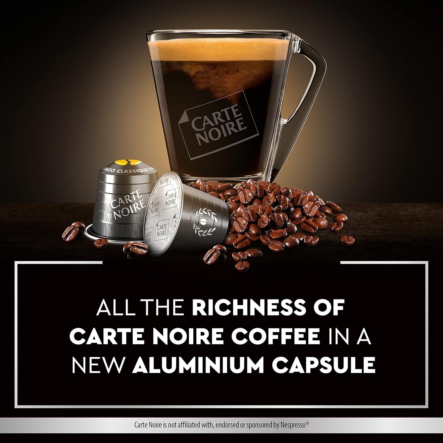 Carte Noire, Espresso Lungo, aluminiowe kapsułki kompatybilne z Nespresso, 1 opakowanie 60 kapsułek, 100% arabika, nuty prażone i orzechowe, intensywność 8/10, bogata tekstura, kapsułki na wysoką kawę