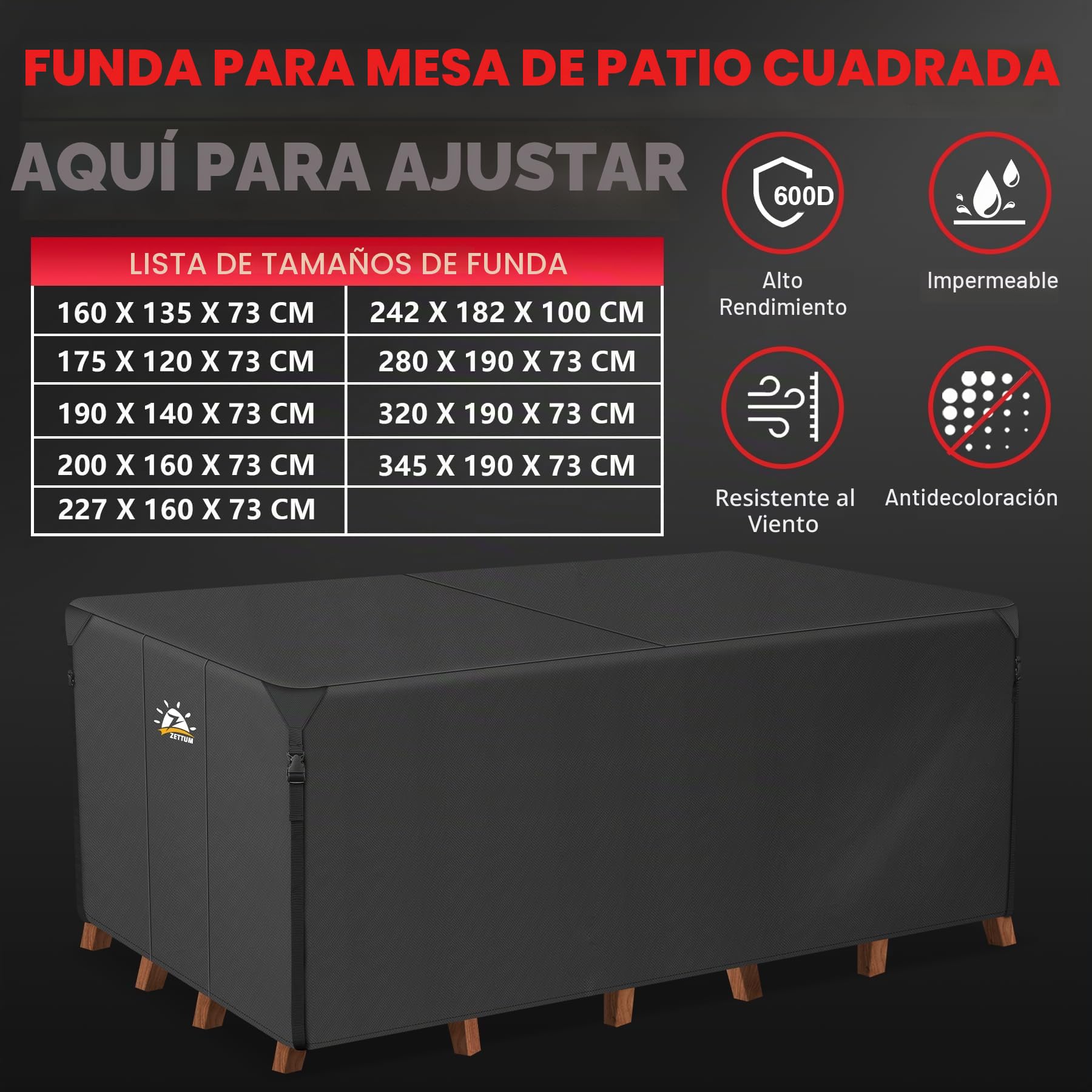 Zettum 345 x 190 x 73 CM Funda para Muebles de Jardín, Impermeable Funda Mesa 600D Oxford en Revestimiento de PU, Tela Protector para Rectangular Mesa Anti Viento Cubierta Mesa Anti-UV
