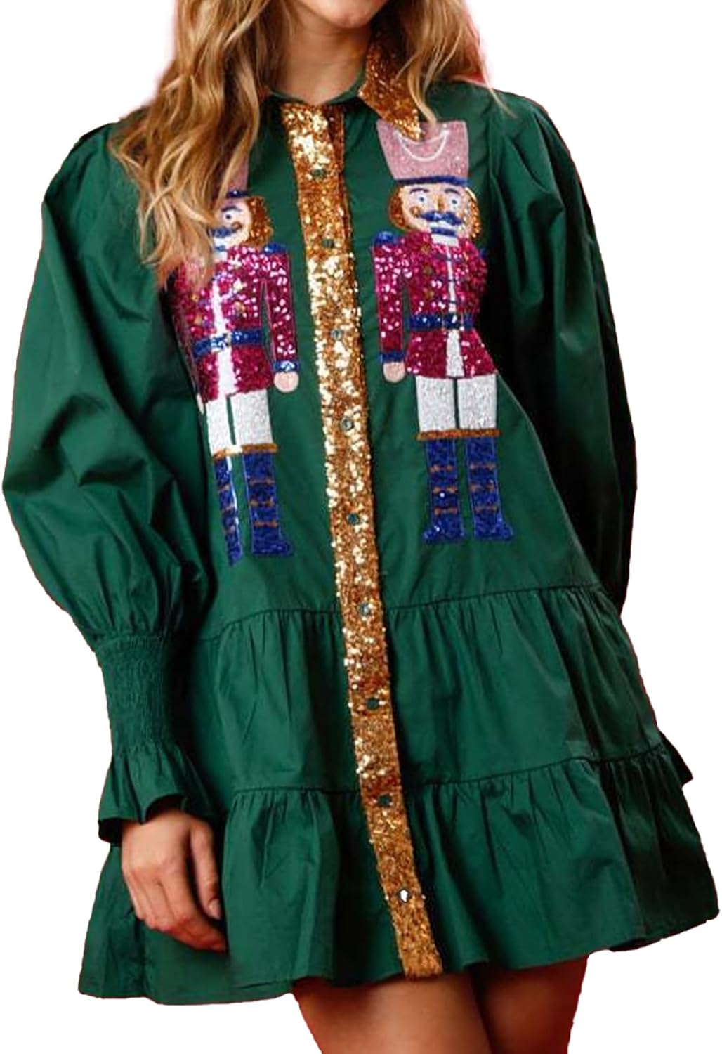 ABYOVRT Christmas Nutcracker Dress for Women Sequin Sweatshirt Dress Long Puff Sleeve Button Down Mini Shirt Dresses Costume