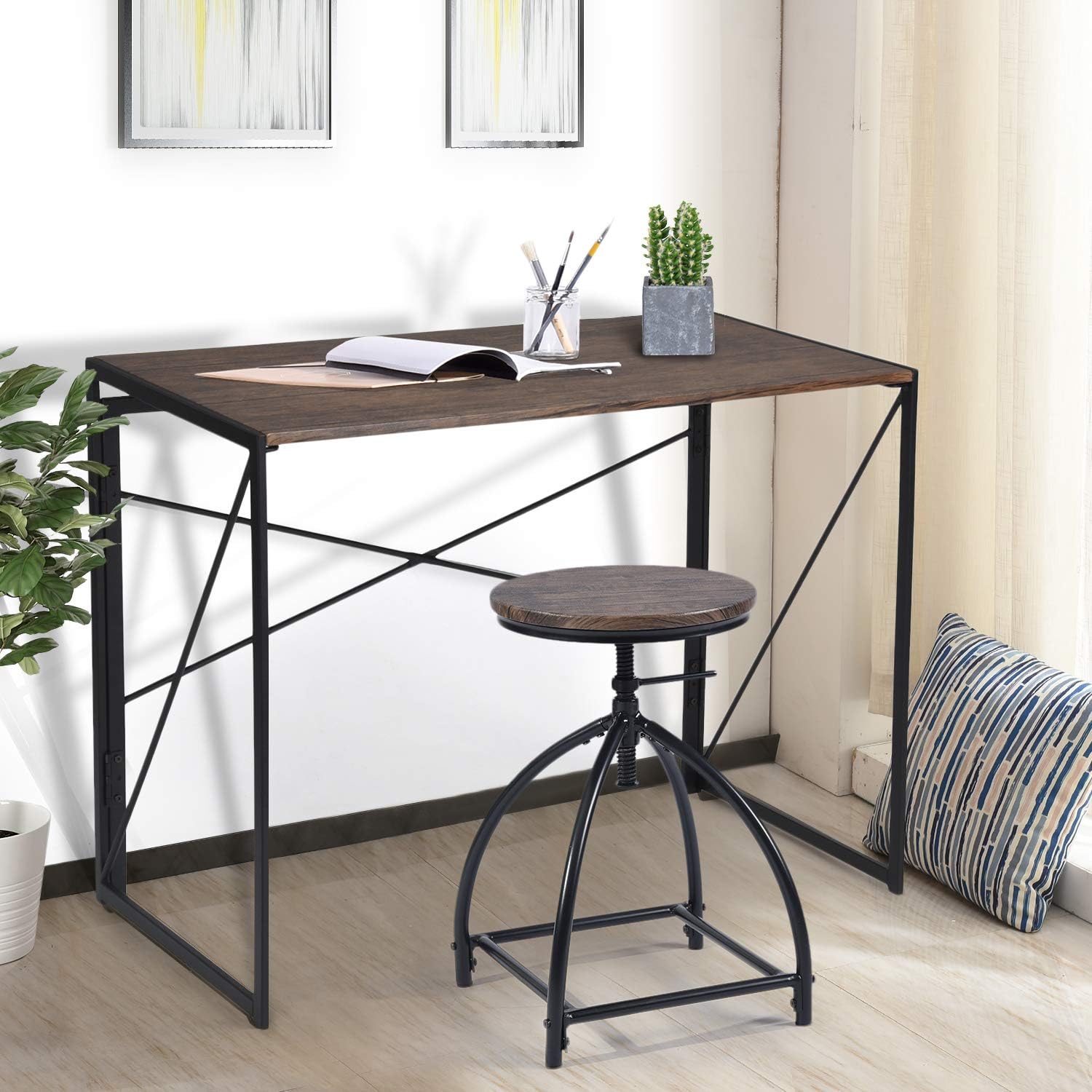 Symylife Computer Desk Modern Simple Study Desk Folding Laptop Table for Home Office Desk Walnut Desktop Black Frame