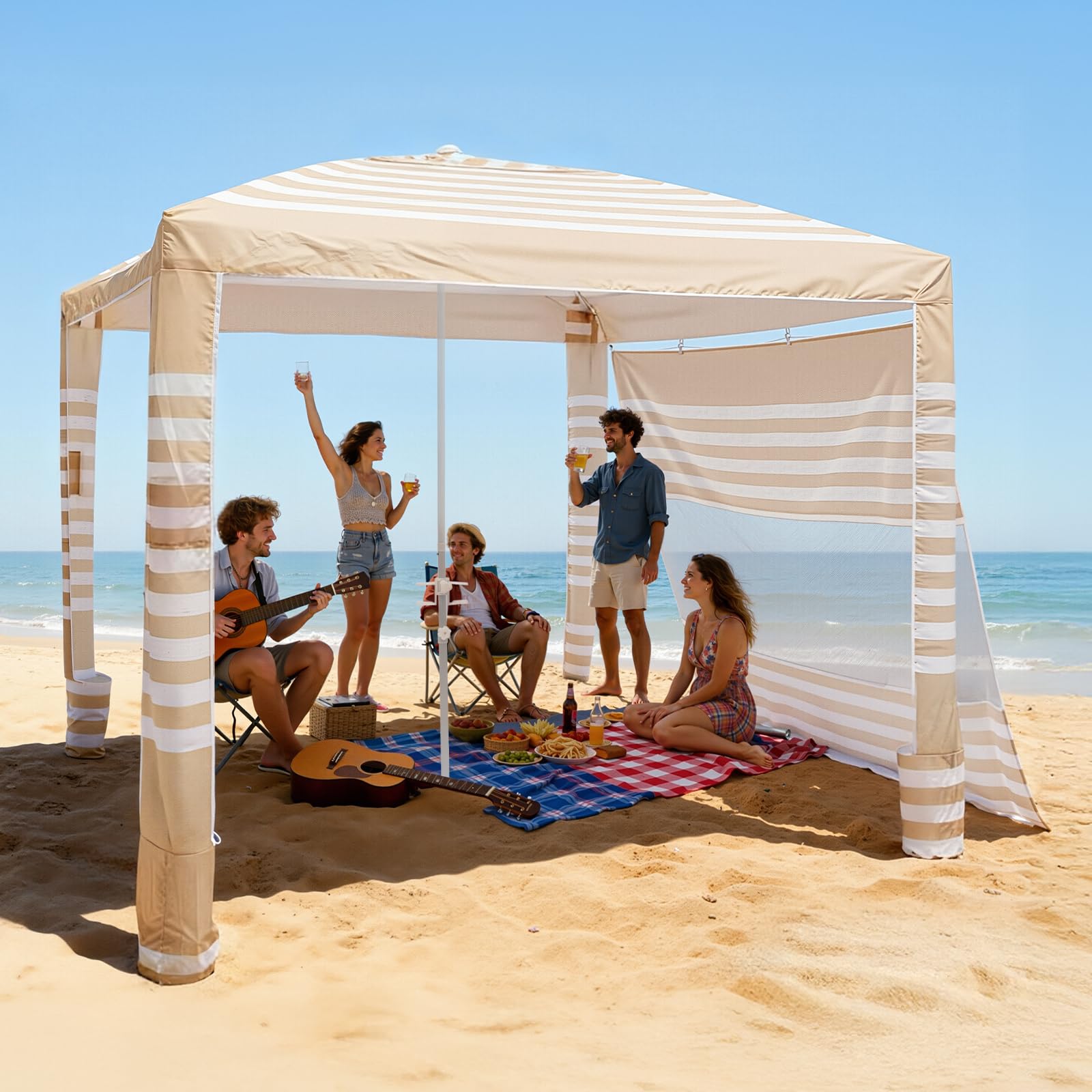 VEVOR Cabaña de Playa de 2,4 x 2,4 m, con Pared Lateral, Protección Solar UPF 50+, Incluye Sacos de Arena, Altura Ajustable y Portátil, Ideal para Toda la Familia y Amigos, Rayas Caqui y Blanco