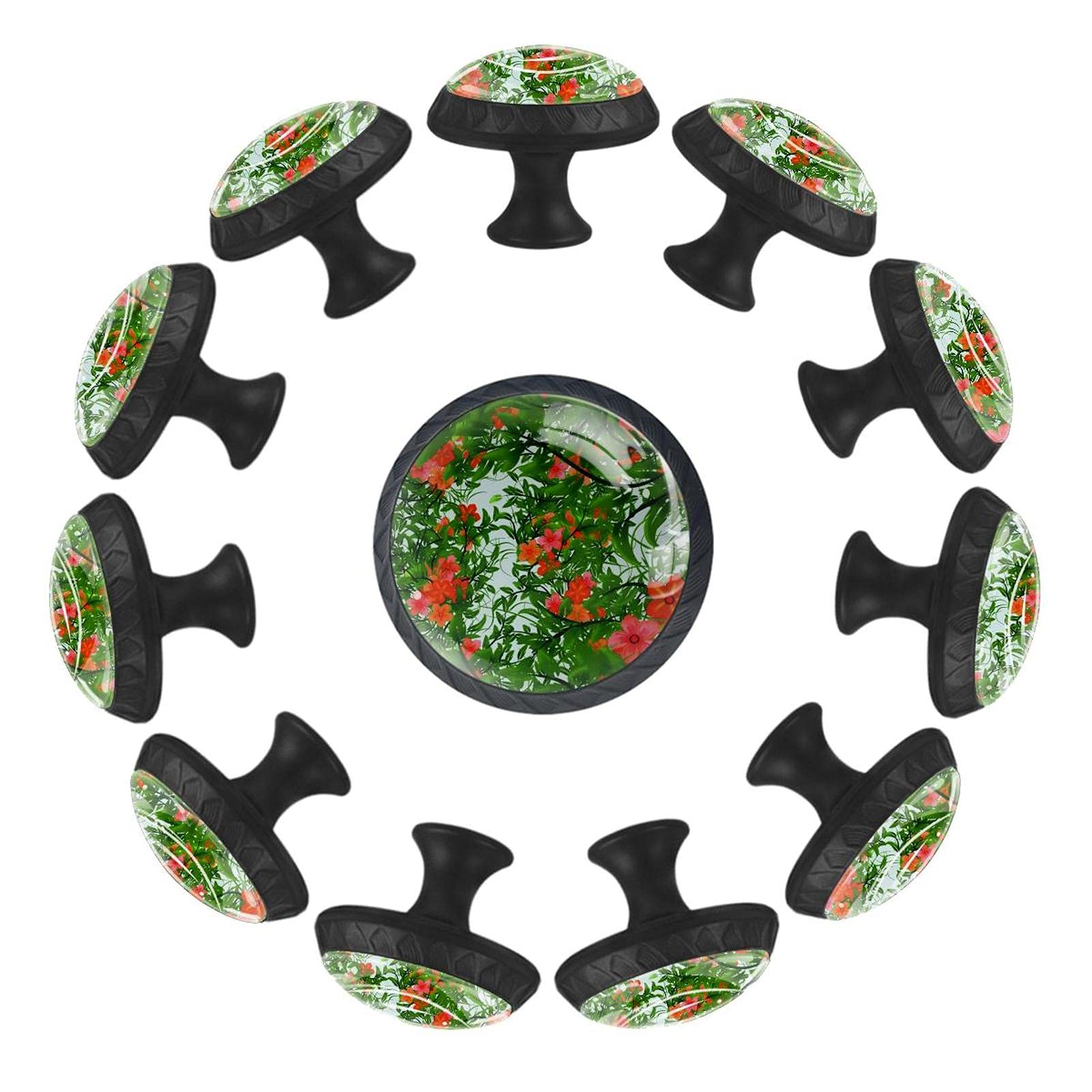Boutons de tiroir ronds fleurs rouges et plantes vertes 35mm pour commode de chambre x12