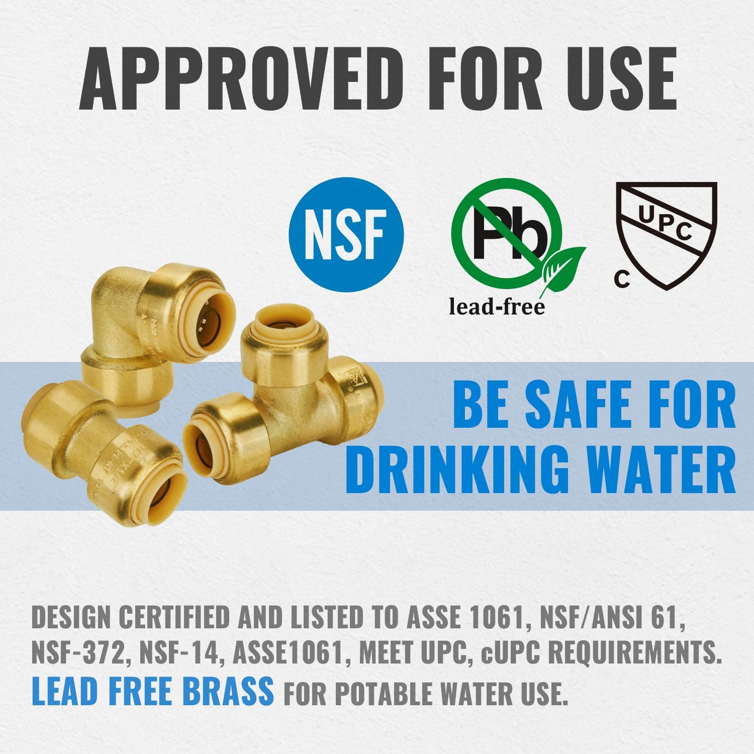 SUNGATOR Plumbing Fittings 1/2 Inch, Push Pex Fittings 1/2 Inch, 5 Each Coupling and 90 Degree Elbow, Tee(2 PCS), No Lead Brass Push to Connect Pex Pipe,Copper,CPVC, with 1 Disconnect Clip, Pack of 12