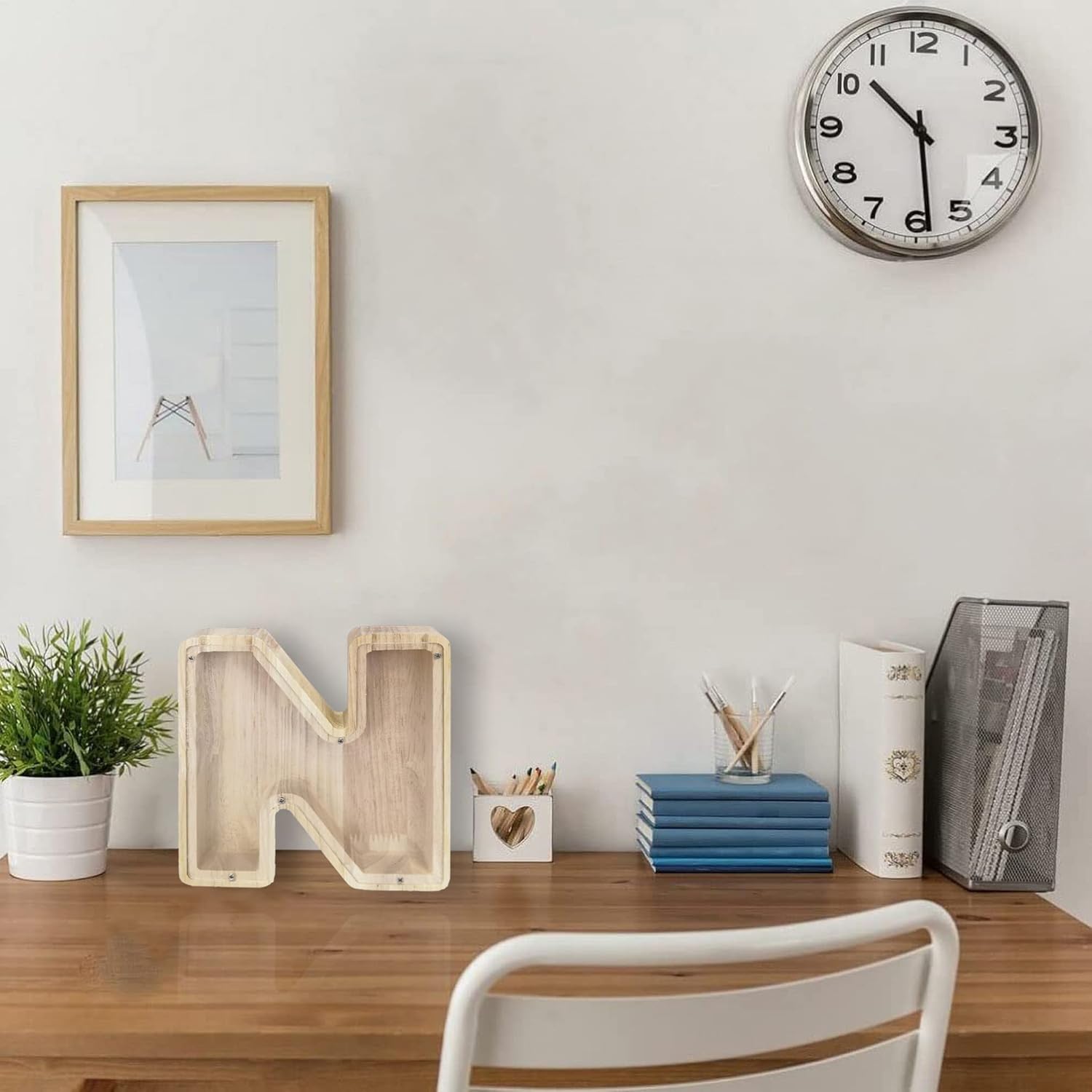 FixtureDisplays® First Name Initial Personalized 7" Tall Wooden Kids Letter Piggy Bank Custom Name Coin Bank, Wood Alphabet Letter Bank Money Box Birthday Home Decoration - Letter "N" 15553NEW-N-1D