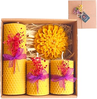 Petekoğlu Decorative Natural Honeycomb Beeswax Candle Large Floral Set Beeswax Candle Beeswax Candle Set of 4