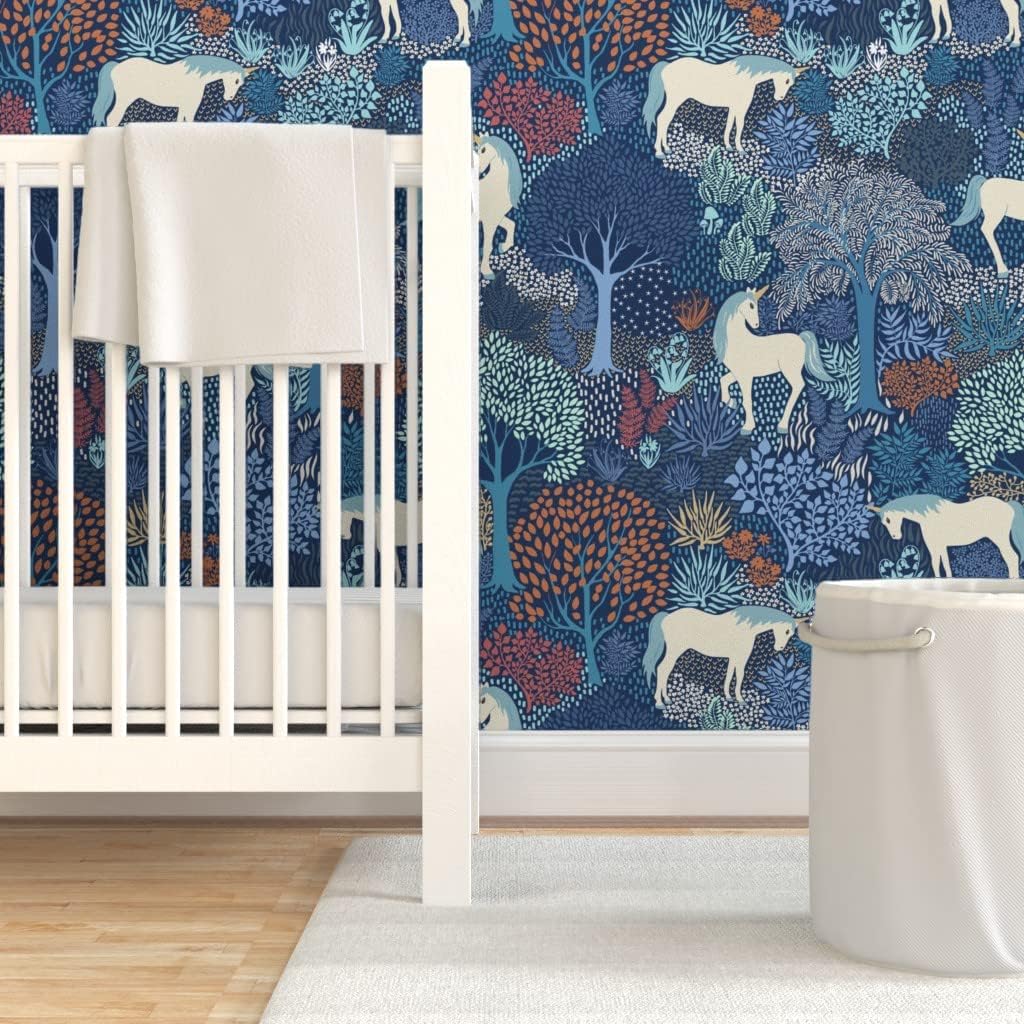 Peel & Stick Wallpaper Swatch - Unicorn Magic Woodland Fairy Tale Blue Cream Large Scale Fantasy Custom Removable Wallpaper by Spoonflower