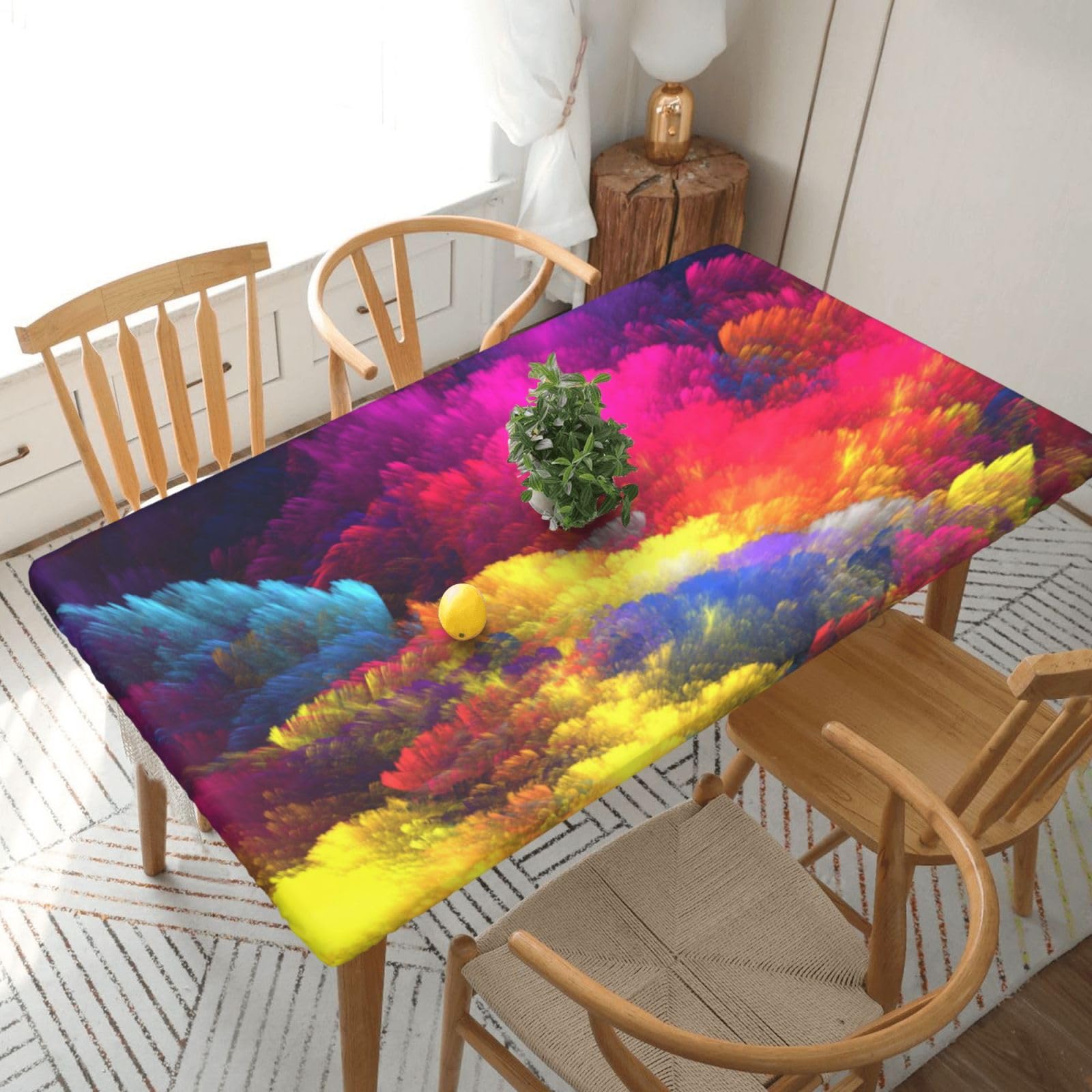 DCEHGEW Elastic Fitted Rectangle Tablecloth for 5ft Tables, Watercolor Art Beautiful Ink Printed Oilproof & Washable Fabric Picnic Table Cloth Table Covers