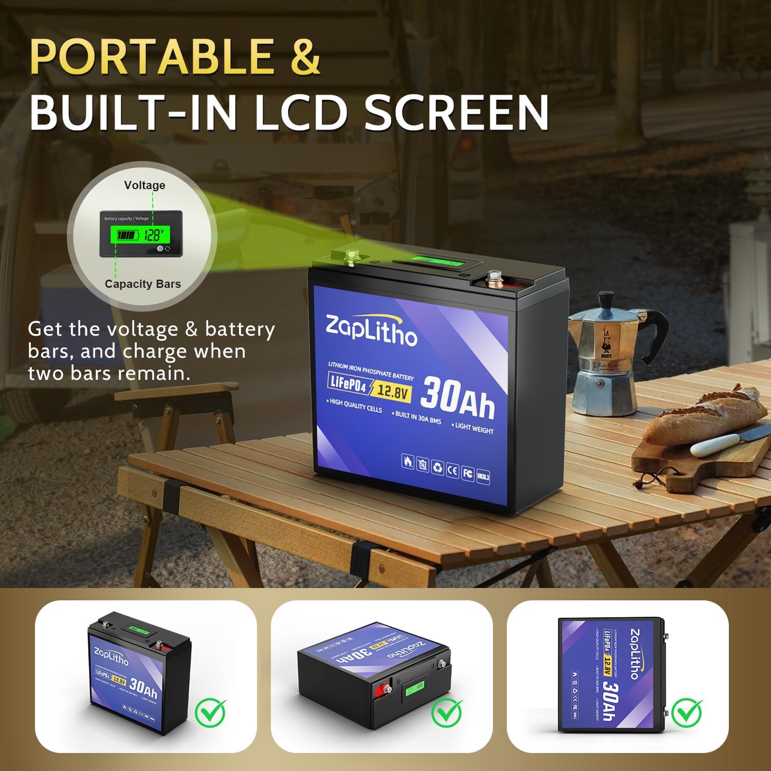 12V 30Ah LiFePO4 Lithium Battery with Mini Voltmeter, 30A BMS, Deep Cycle Grade A Cells, Lightweight Lithium Iron Phosphate Battery for Ham Radio, Fish Finder, Solar, Scooters, Ride On Toy