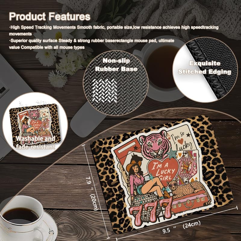 Trendy Leopard Print Pink Western Square Mouse Pad, Funky Retro Lucky Disco Cowgirl Cheetah Y2K Aesthetic Mousepad Mat for Home Office Computer Gaming Desk Accessories 9.5x7.9 in image 2