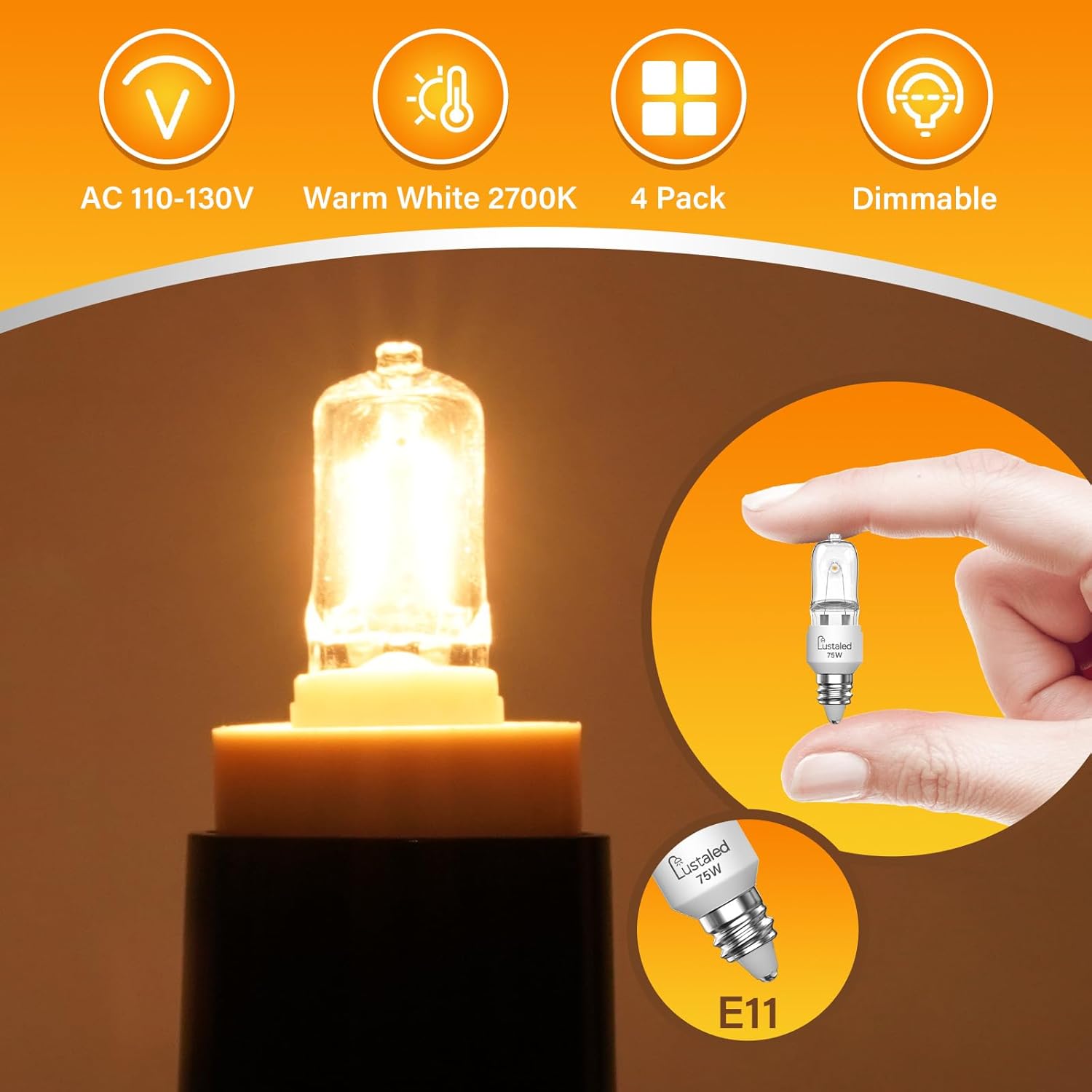 Lustaled JDE11 120V 75W Halogen Bulb,2700K Warm White Dimmable E11 Bulbs,T4 Mini Base JD Candelabra Bulb for Chandeliers,Ceiling Fan,Table Lamps, Cabinet Lighting-4 Pack
