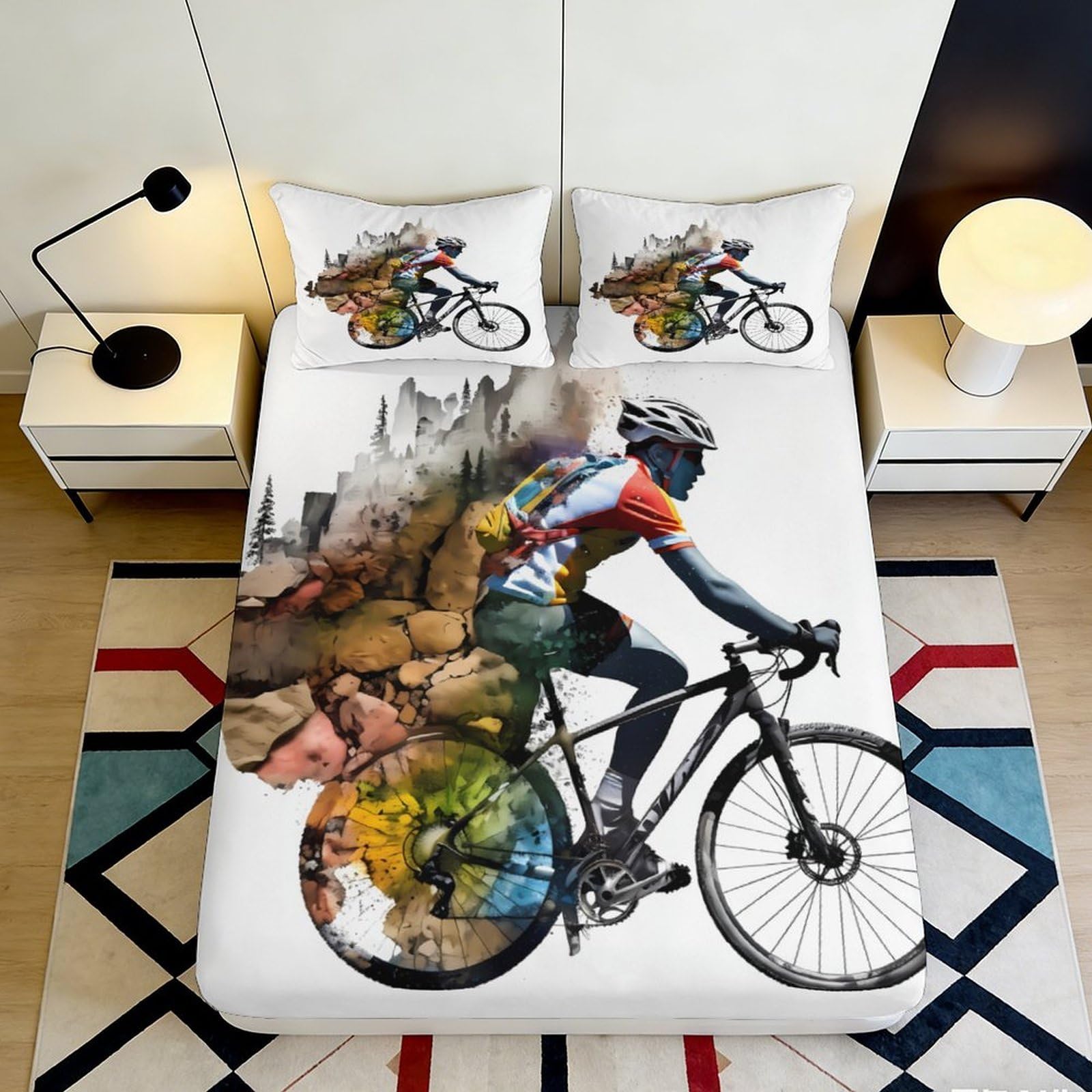 3D Printed Cycling Rider Fitted Sheet Microfiber Soft Durable Mountain Bike Bed Cover for Bedroom Dormitory Guest Room Mattress Protection 90x200x25cm