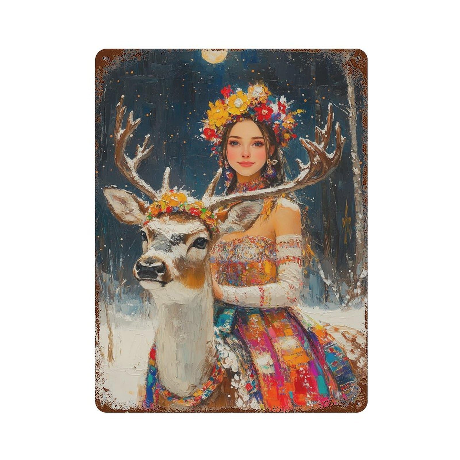 Distressed Metal Wall Sign Winter Deer Fantasy Artwork 15.7"x11.8", Rustic Home Decor for Farmhouse, Kitchen And Entryway Decor