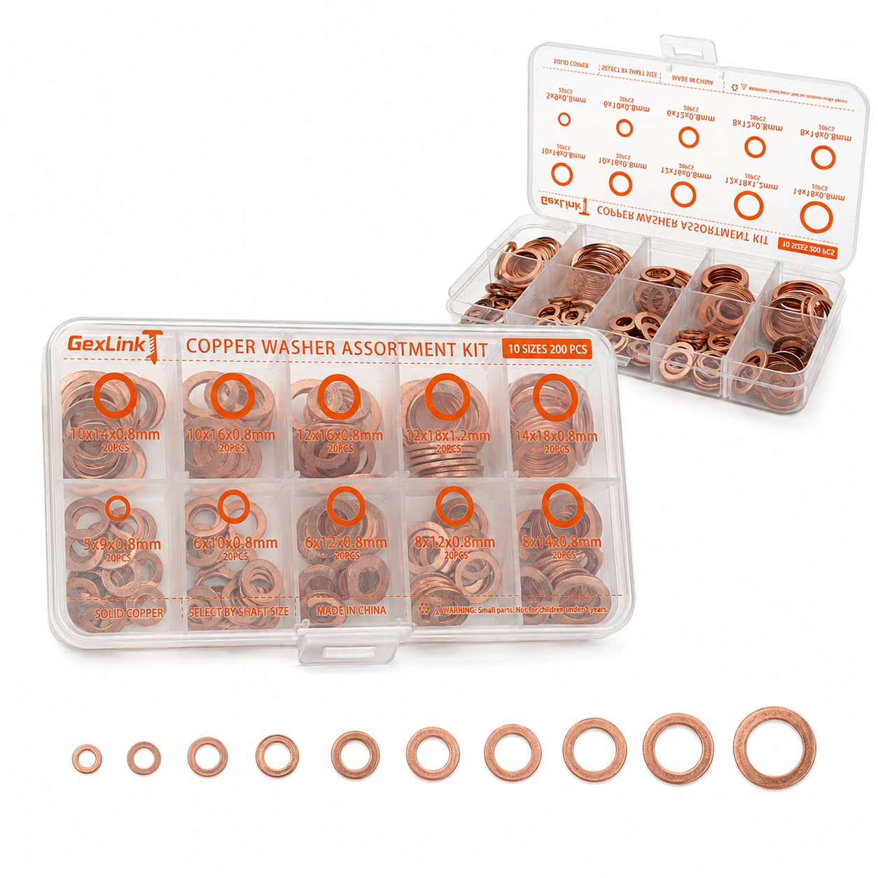 Copper Washer Assortment Kit, 200 PCS, 10 Metric Flat Washer Sizes