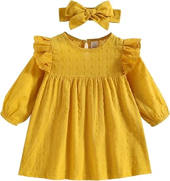 Toddler Baby Girl Swiss Dot Dress Ruffle Long Sleeve Dresses with Headband Infant Fall Winter Dress Clothes Outfit