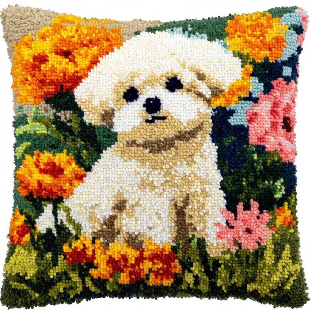 AxiangziK 43x43cm Latch Hook Pillow Kit,Bichon Frise and Flowers