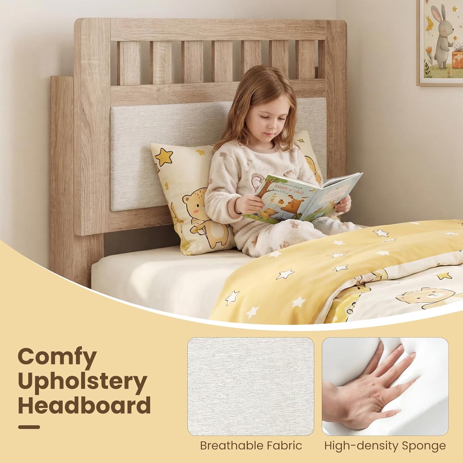 Giantex Wood Twin Size Bed Frame with Upholstered Headboard, Mid-Century Platform Bed w/Wooden Slat Support Mattress Foundation, Slatted Footboard, Under-Bed Storage Space, No Box Spring Needed, Oak