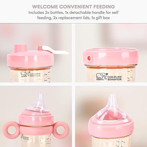 Miniatura 5 de Childlike Behavior Juego de caja de regalo de biberones anticólicos, incluye botellas de 5 y 8 onzas, asas desmontables, tapas de repuesto, diseño