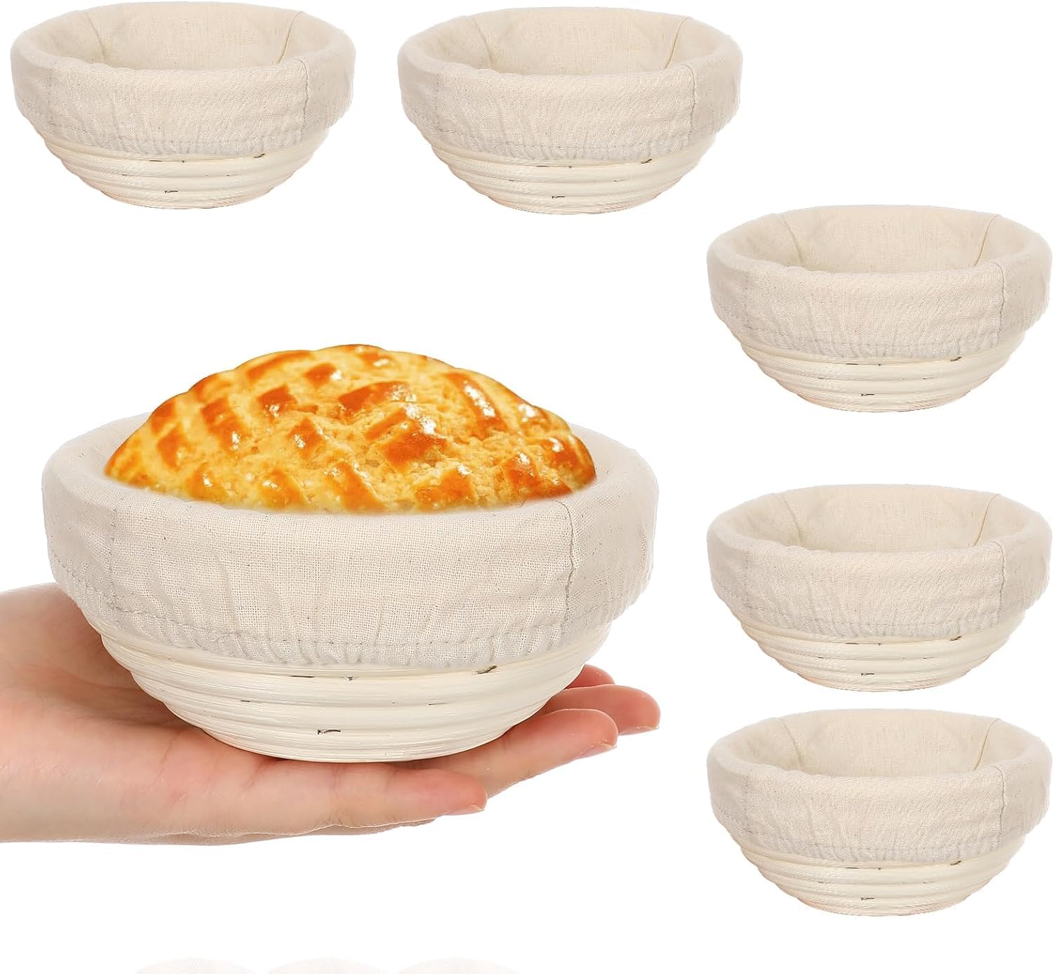 Banneton - Cesta de prueba de pan de 5 pulgadas, cesta redonda para masa madre con forro extraíble para regalos de principiantes, panaderos profesionales en el hogar (6 piezas)