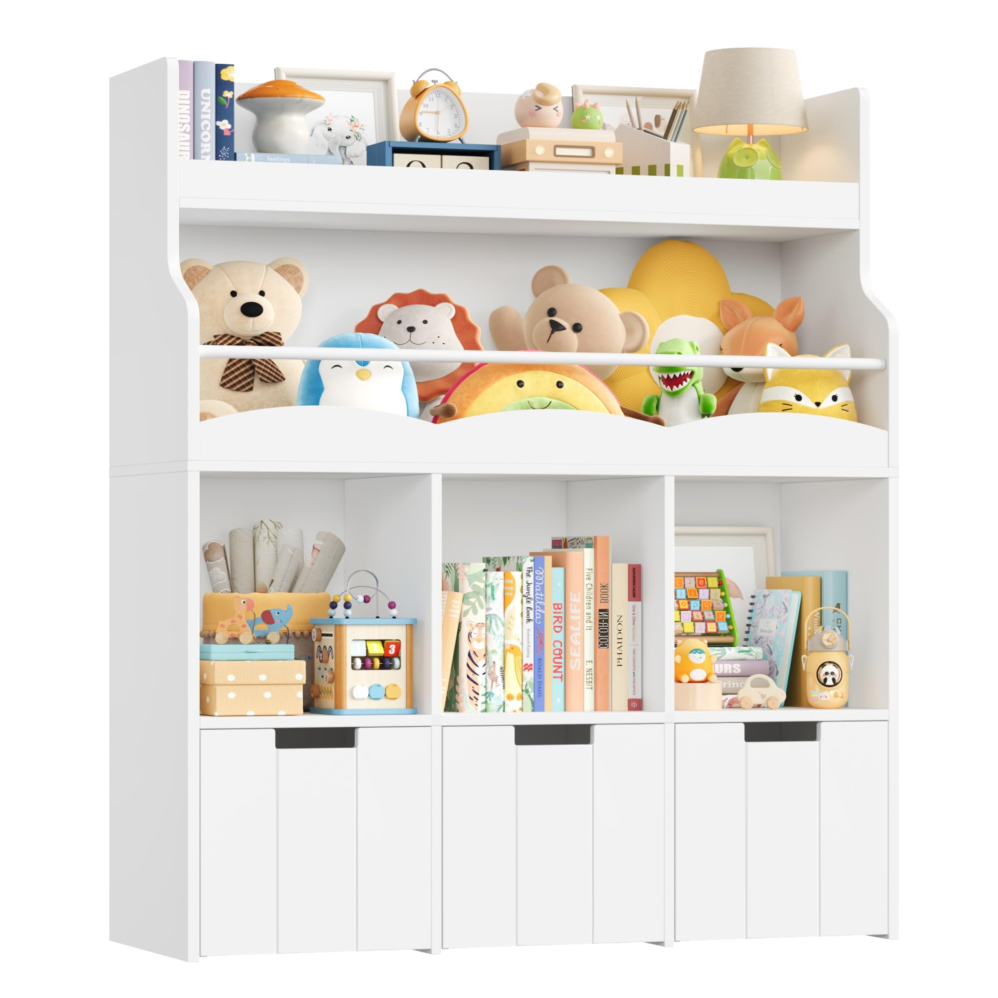 HOCSOK Scaffale Portagiochi Bambini, Libreria Montessoriana per Bambini Con Ruote, Scaffale per Giocattoli per Sala Giochi Soggiorno, Bianco, 110x100x30cm