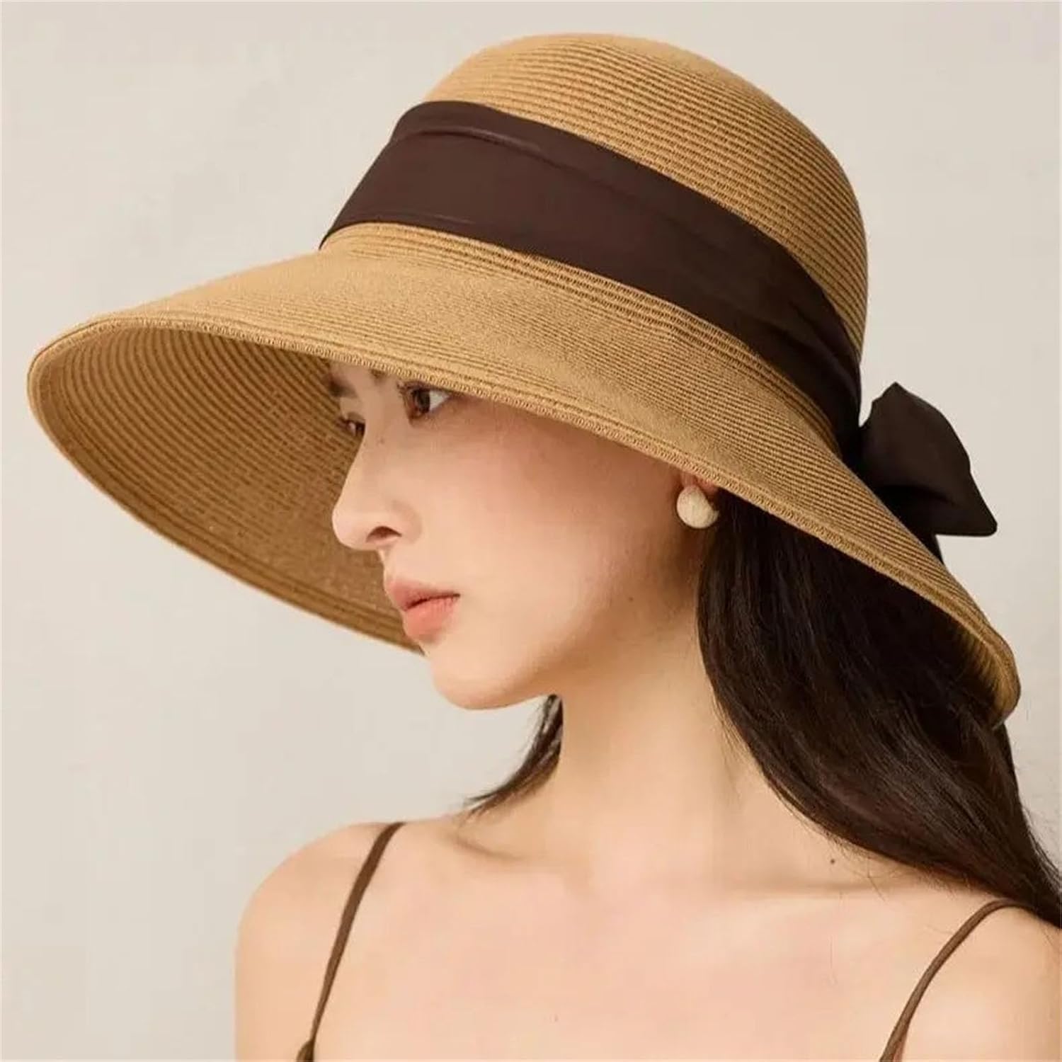 Womens Straw Fisherman Hat Wide Brim Bow Ribbon Lightweight Breathable Beach Travel Summer Cap