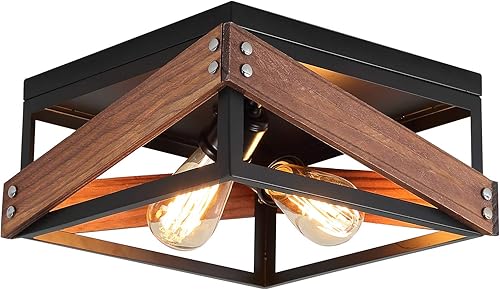 Miniatura 9 de Lámpara de montaje empotrado industrial rústica de 4 luces de metal y madera cuadrada de montaje empotrado para pasillo, sala de estar, dormitorio,