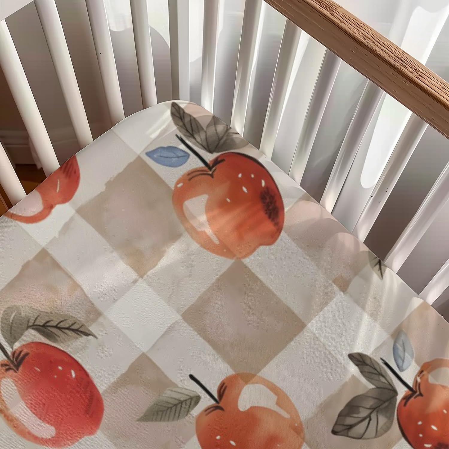 Watercolor Apples Checkered Fall Theme Pattern Baby Sheets for Crib, Unisex Fruits Nursery Fitted Bed Sheet for Boys Girls Standard Crib and Toddler Mattress-28x52
