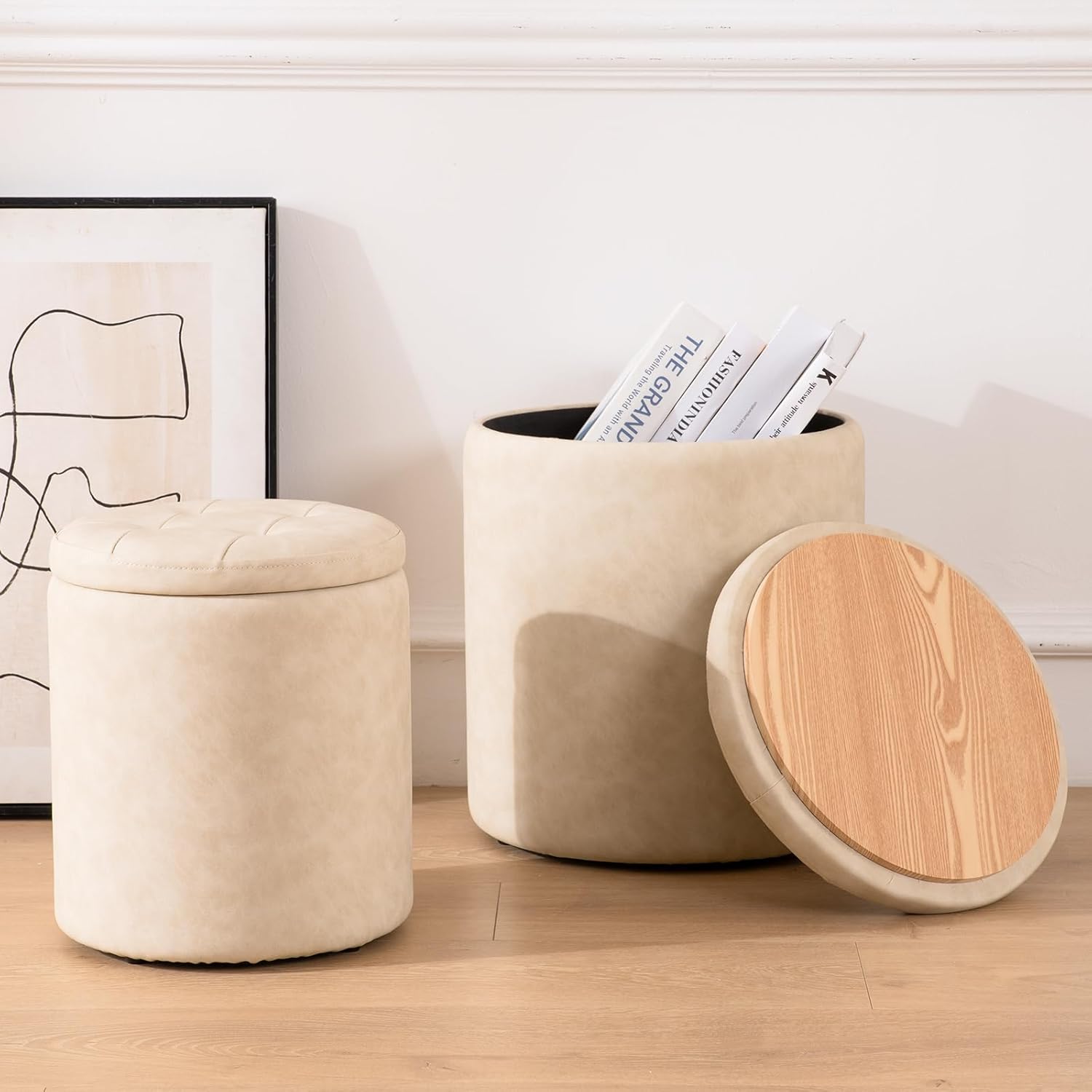 Faux Leather Round Ottoman with Storage Set of 2, Button Tufted Ottoman Foot Stools Vanity Stool, Small Boucle Coffee Table Footstool with Removable Lid for Living Room, Bedroom, Beige 14.76"L x 14.76"W x 17.32"H Beige