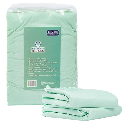 TREST Elite Briefs for Men and Women, Overnight Diapers for Incontinence, Elite Absorbency, Comfortable, Odor Neutralizing and Secure Fit with 2 Wide Tabs - Green, Large (Pack of 2) - Green - Large (Pack of 2)