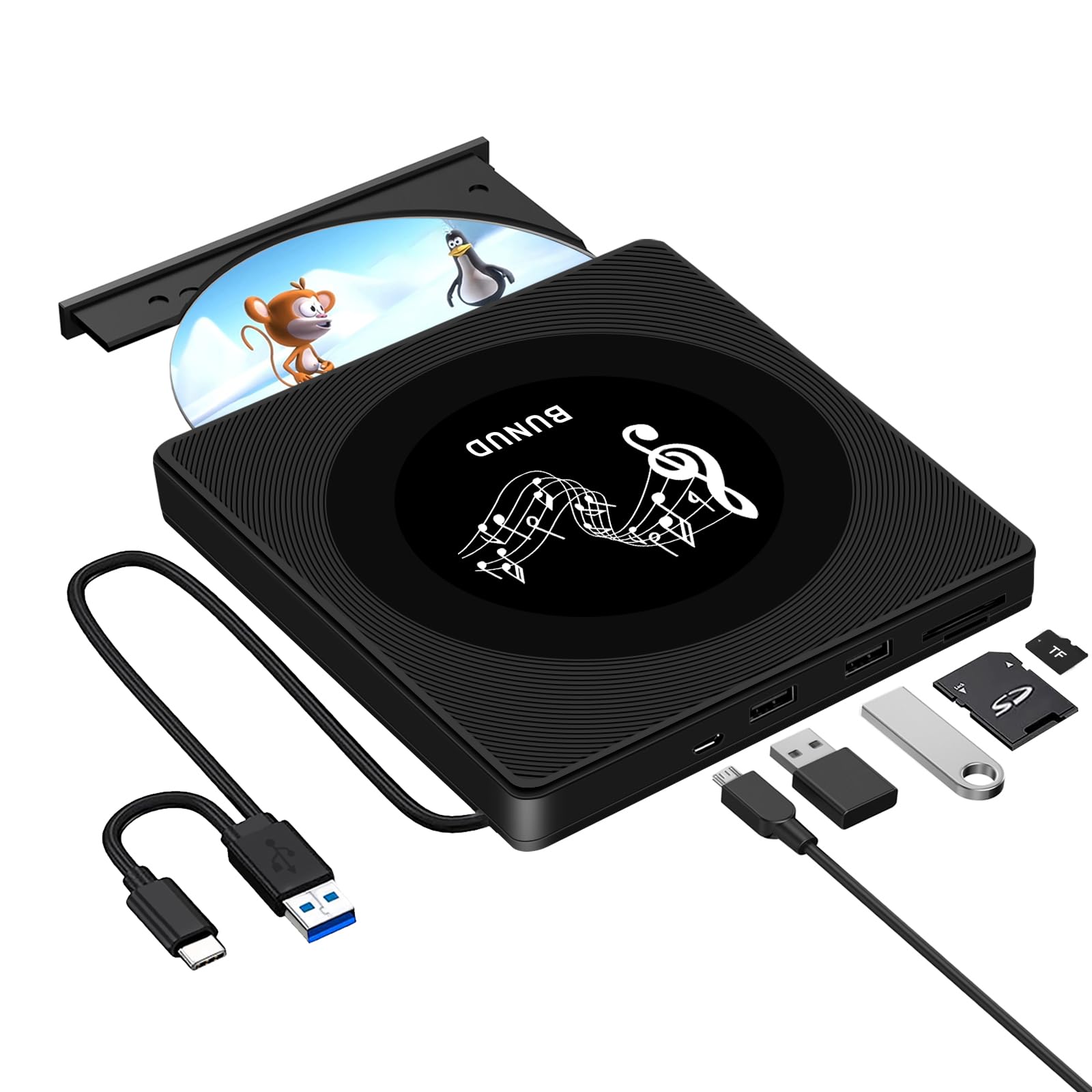 BUNUD External CD DVD Drive USB 3.0, Type-C, 5 in 1 design, Plug & Play, Widely Compatible with Linux, Windows XP, Laptop, Gaming Console, Black