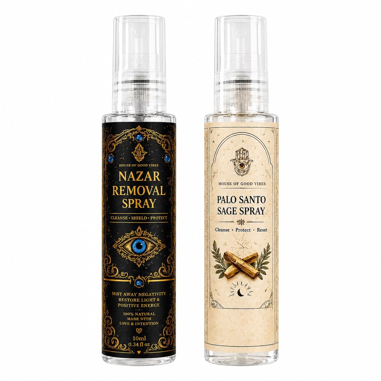 Nazar Removal + Palo Santo Sage Spray – Travel Combo | On-the-Go Aura Cleansing & Evil Eye Protection | Pocket Ritual Mist Set | 2 x 10ml Travel Sprays | House of Good Vibes-picture-25