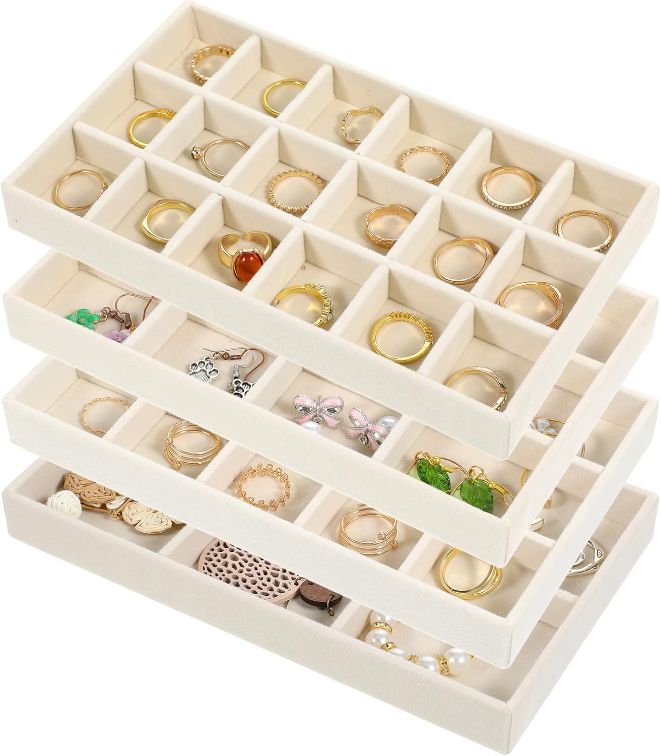 12 Pcs Velvet Jewelry Organizer Trays Set, 4 Styles Stackable Drawer Organizer with Removable Dividers, Storage and Display for Earrings, Necklaces, Bracelets, Rings, Vanity Dresser Storage Box, Beige