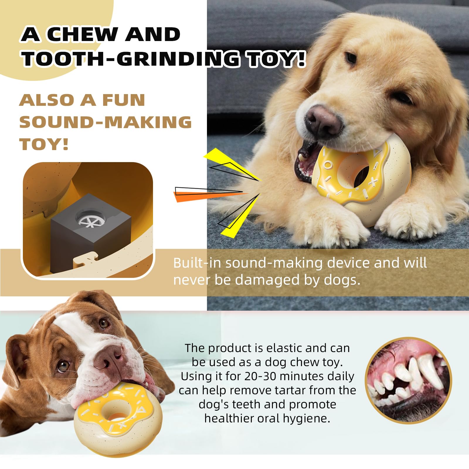 MMSGA Squeaky Donut Dog Toy for Aggressive Chewers,Doughnut shaped dog chewing toy with a creamy aroma,for Aggressive Chewers Medium Large Breed,Indoor and Outdoor Toys for Dogs (Yellow) - Image 4