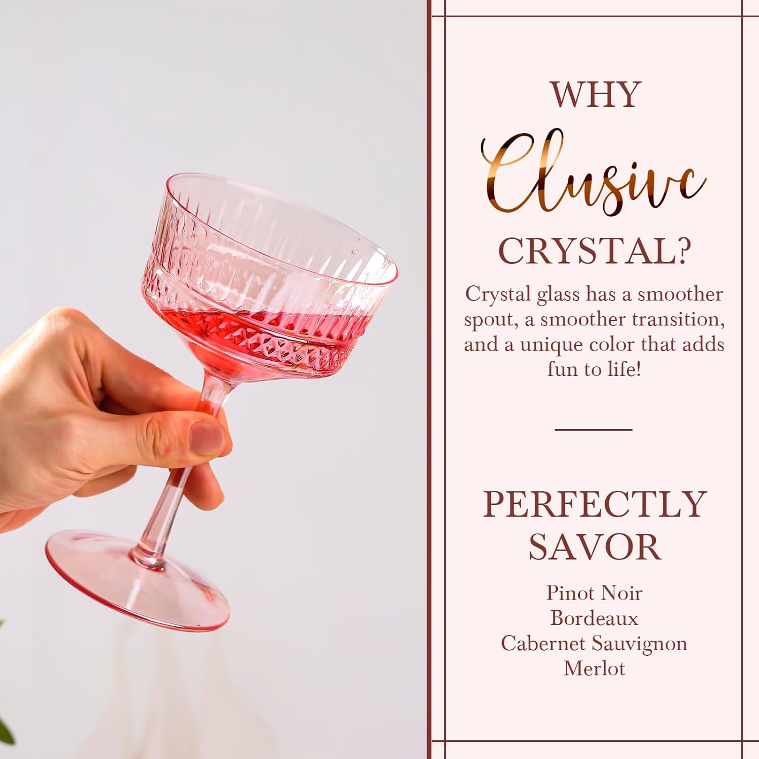 Pink Coupe Cocktail Glasses set of 6 - Ribbed Coupe Cocktail Glasses 9oz, Unique Cocktail Glass for Bar, Martini, Impressive Cocktail Party Glasses