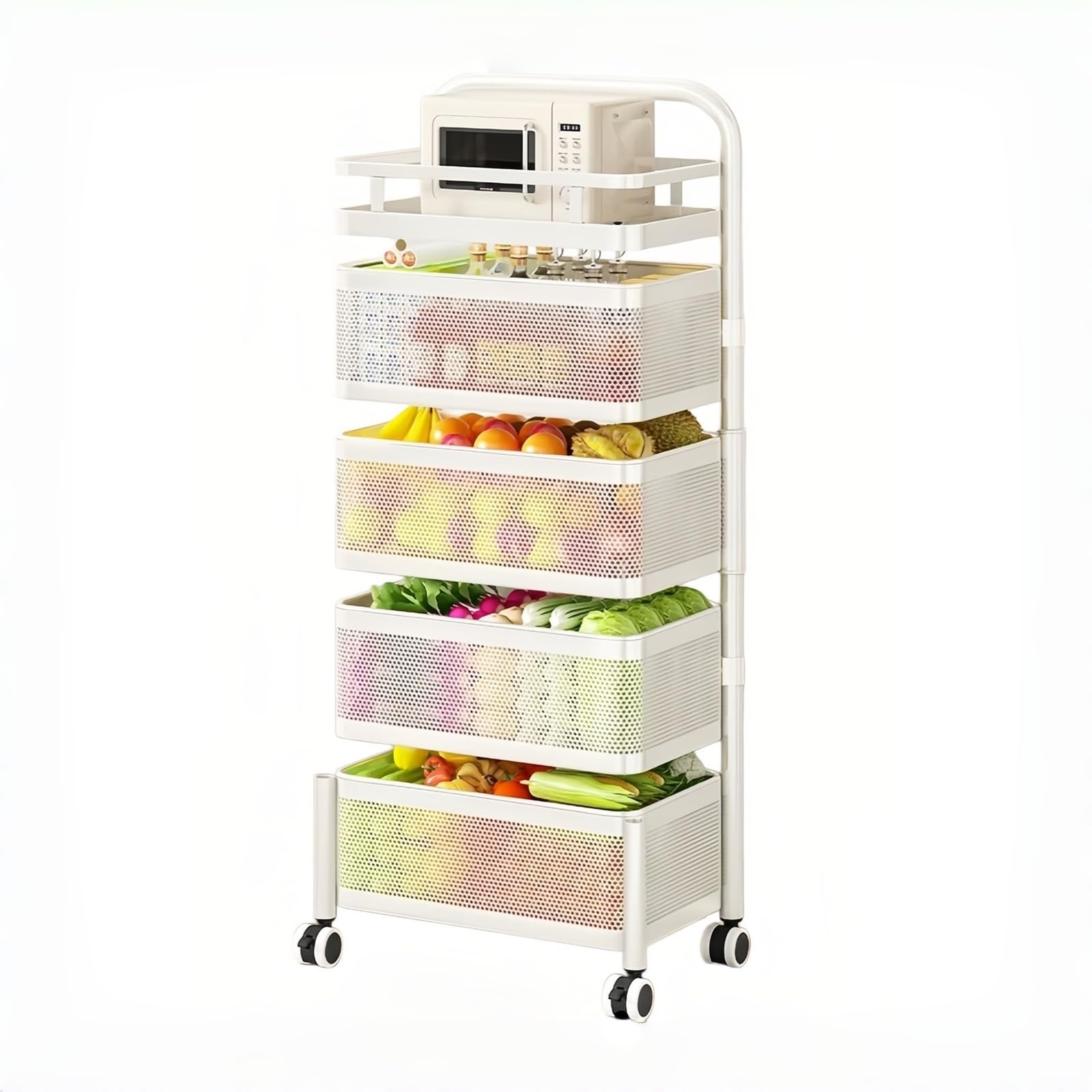 Chariot de cuisine roulant pour espace mince, étagère rangement rotative avec grands paniers