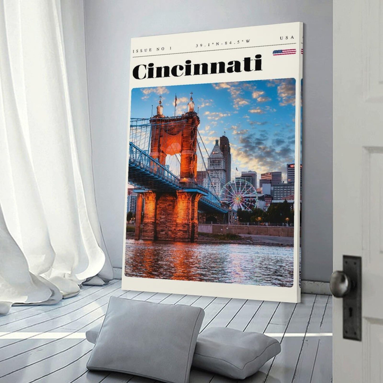 Junmoney Cincinnati Ohio Skyline Bridge Travel Art Canvas Wall Art 16x24inch(40x60cm), for Home Lounge, Bedroom Or Reading Nook, Eye Catching Artwork for Blank Walls