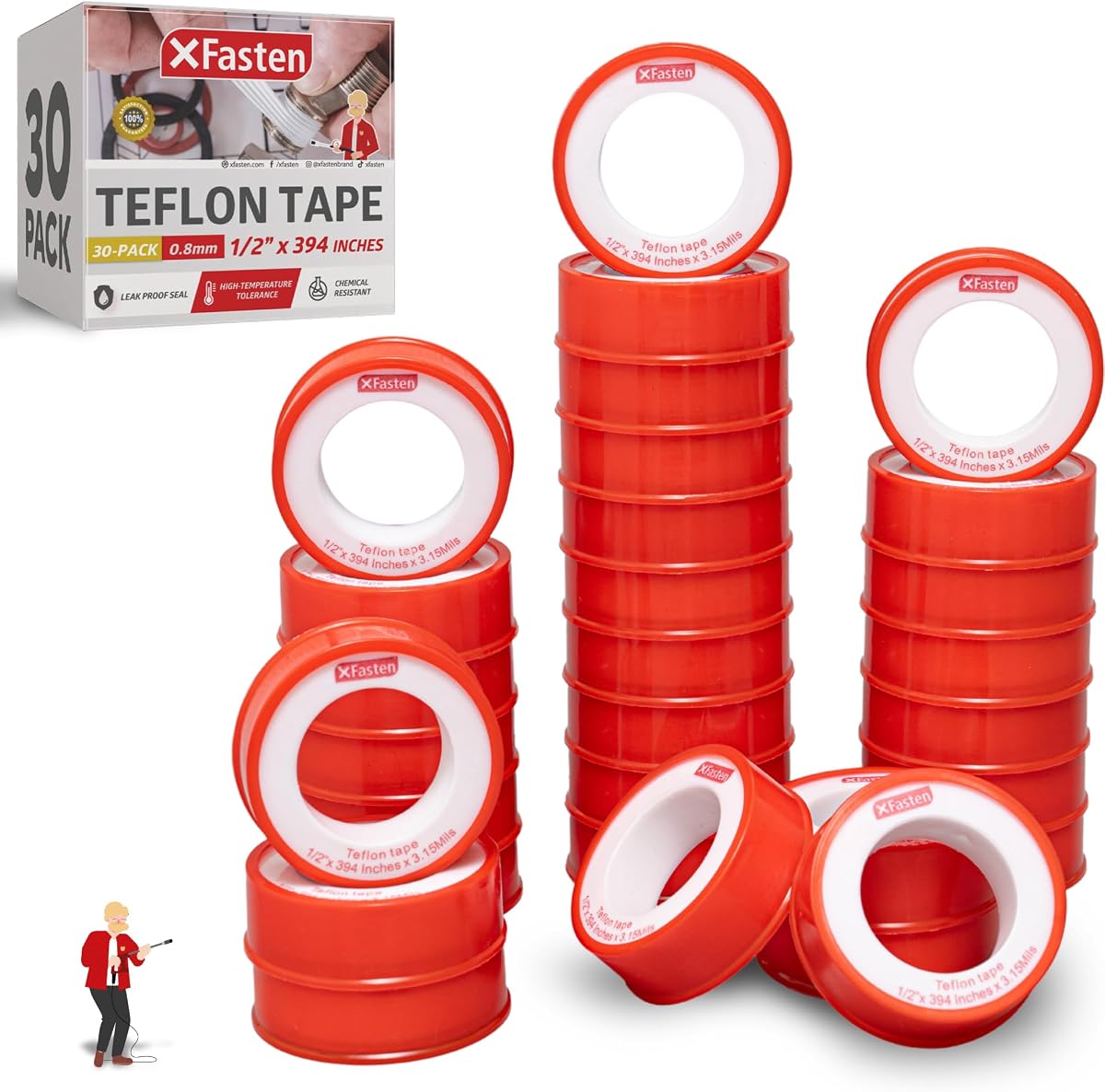 Cinta de teflón para plomería, 1/2 pulgada x 394 pulgadas (paquete de 30, 19,700"en total) – Cinta de plomería de PTFE para cabezal de ducha, sello de rosca de tubería, manguera de jardín y reparaciones de fugas – Sellado hermético