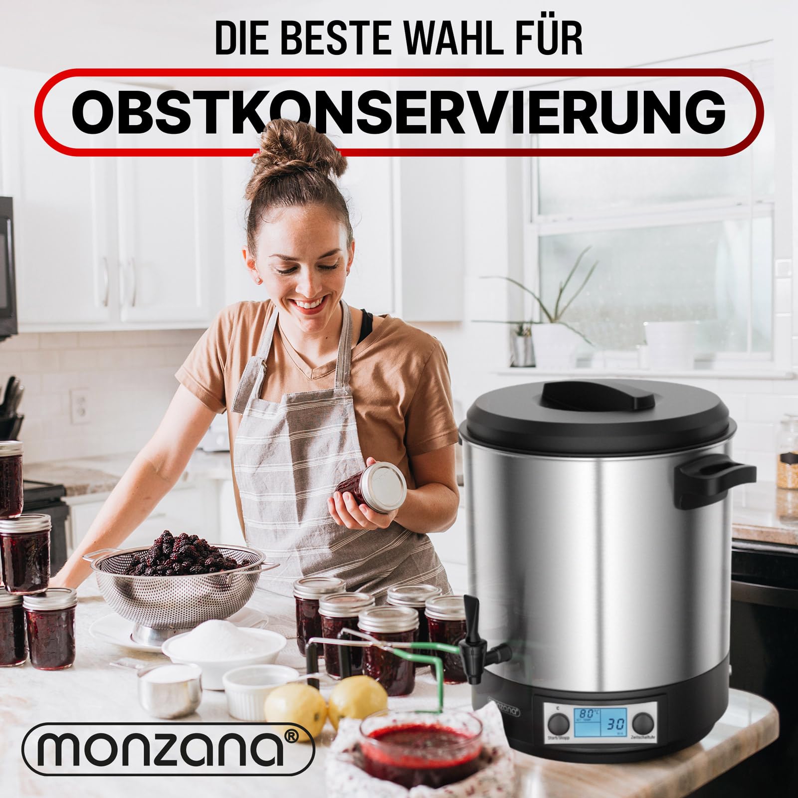 MONZANA® Einkochautomat 28L Digital mit Zapfhahn Thermometer 30-110°C Timer BPA-frei Edelstahl 2000W Glühweinkocher Einkochtopf Heißgetränkeautomat