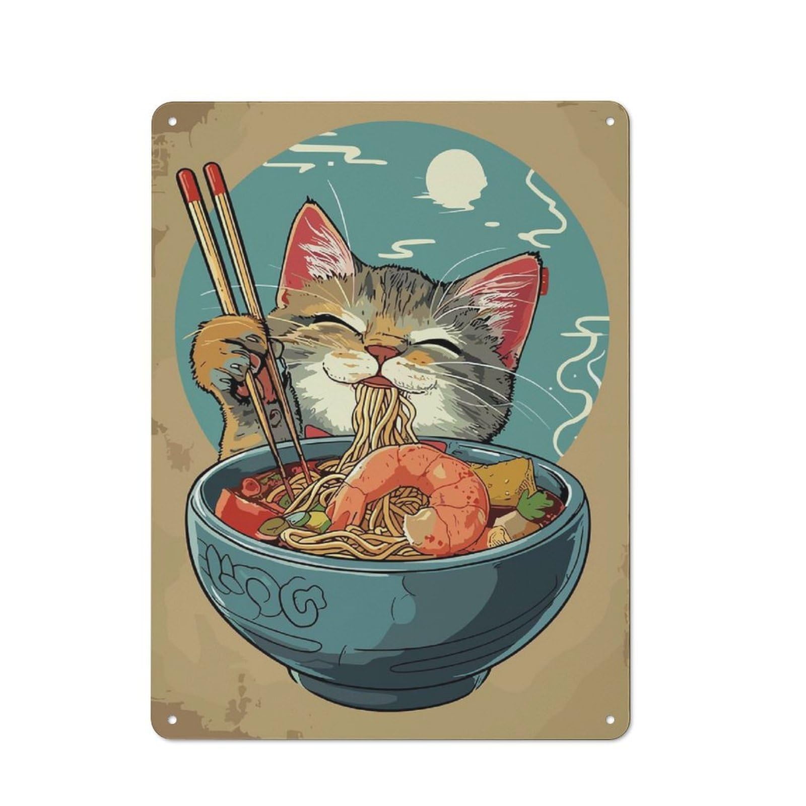 Junmoney Style-6 Anime Cat Ramen Bowl Rustic Printed Metal Sign 40X30cm For Bar Or Restaurant, For Bar Decor Enthusiasts