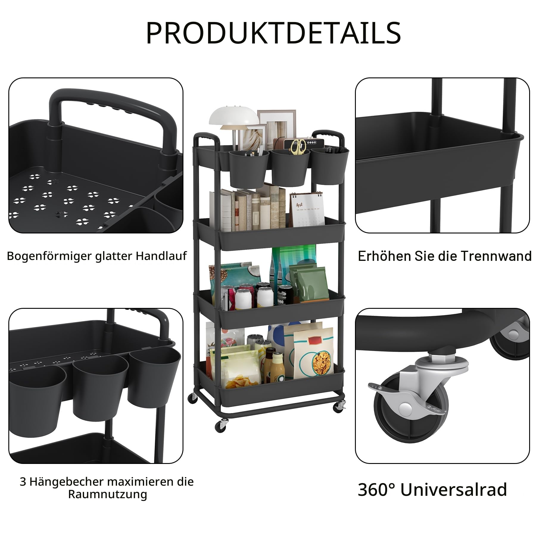 JIUYOTREE Rollwagen aus Kunststoff, 4-stöckig, mit extra hängenden Tassen, Griffen, feststellbare Räder für Wohnzimmer, Badezimmer, Küche, Büro, Schwarz