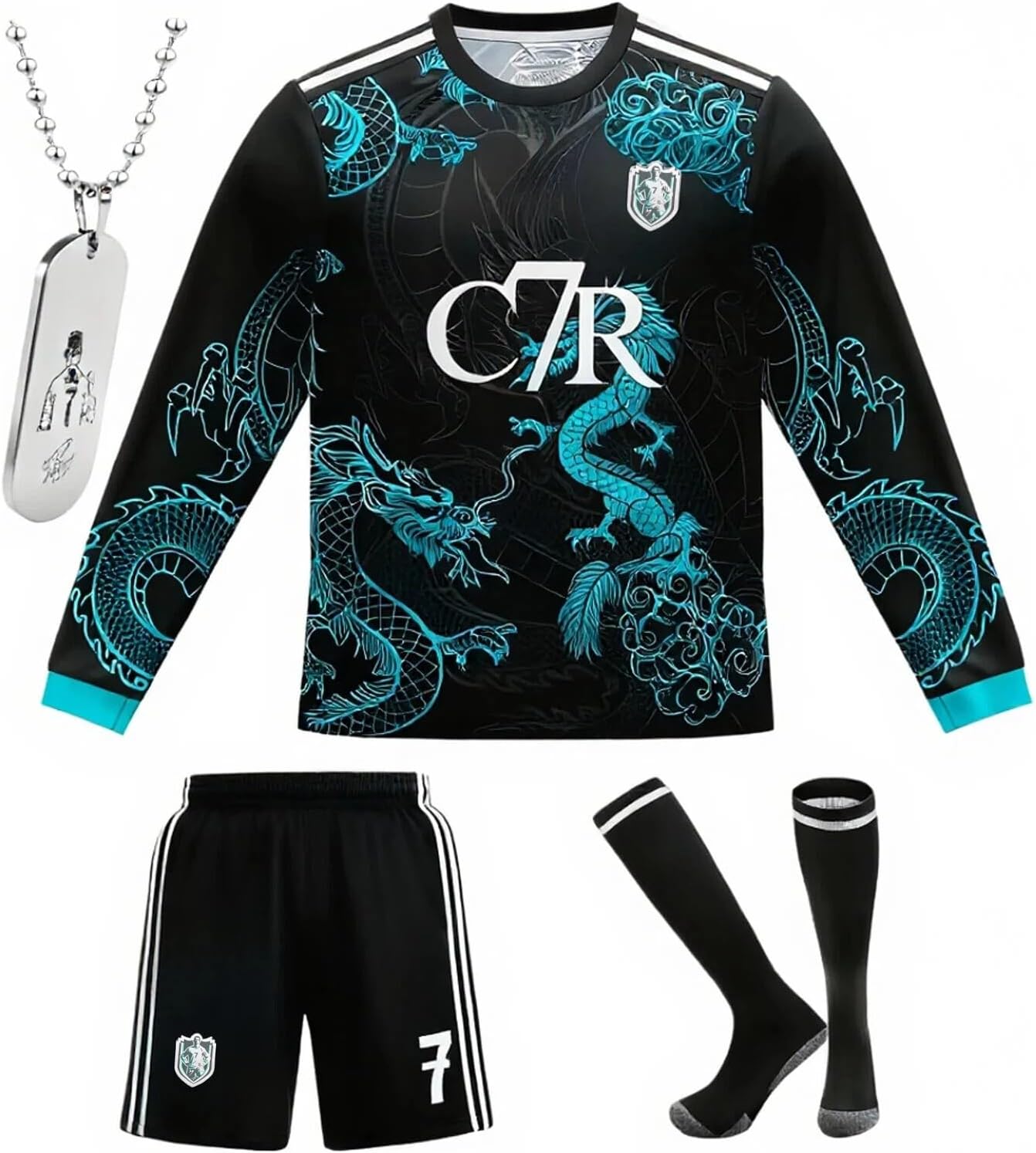 Boys Girls Kids Soccer Jersey #7 Uniform Set | 4-Piece Futbol Kit with Shorts, Socks and Necklace for Youth Children