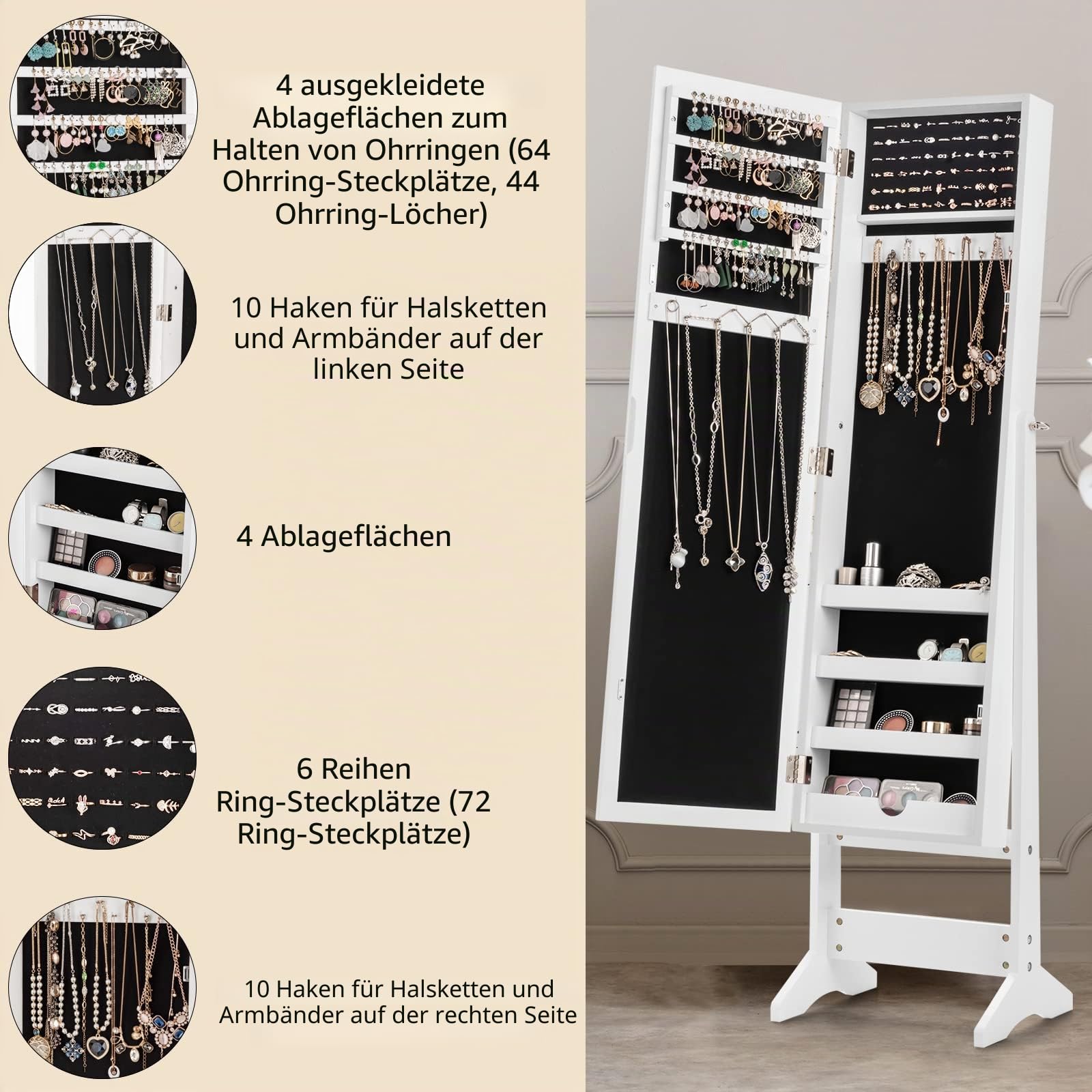 HOMASIS 2 in 1 Schmuckschrank mit Spiegel & Regal, verstellbarer schmuckregal mit Stauraum aus Holz, Spiegelschrank mit Kettenhaken & Ringverschluss, Garderobenspiegel mit Schmuckkasten (Weiß)