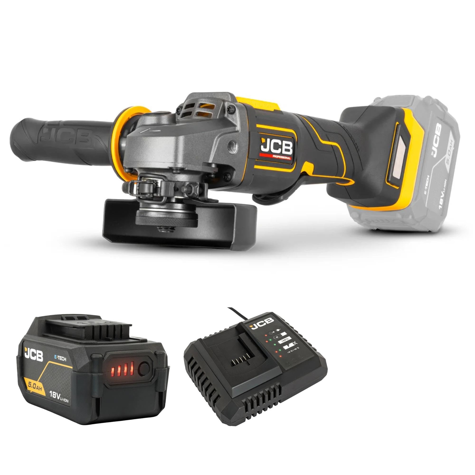 JCB Pro Cordless Angle Grinder 18V 4.5"" With 5ah Battery Fast Charger & Disc Set