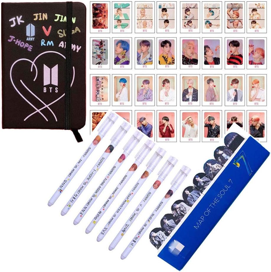 Kpop Star Gift Set- 32 PCS Postcards + 1 Leather Notebook + 7PCS Pen + 1 Pads Sticky Notes + 5 Photo Clips 2 Meter String
