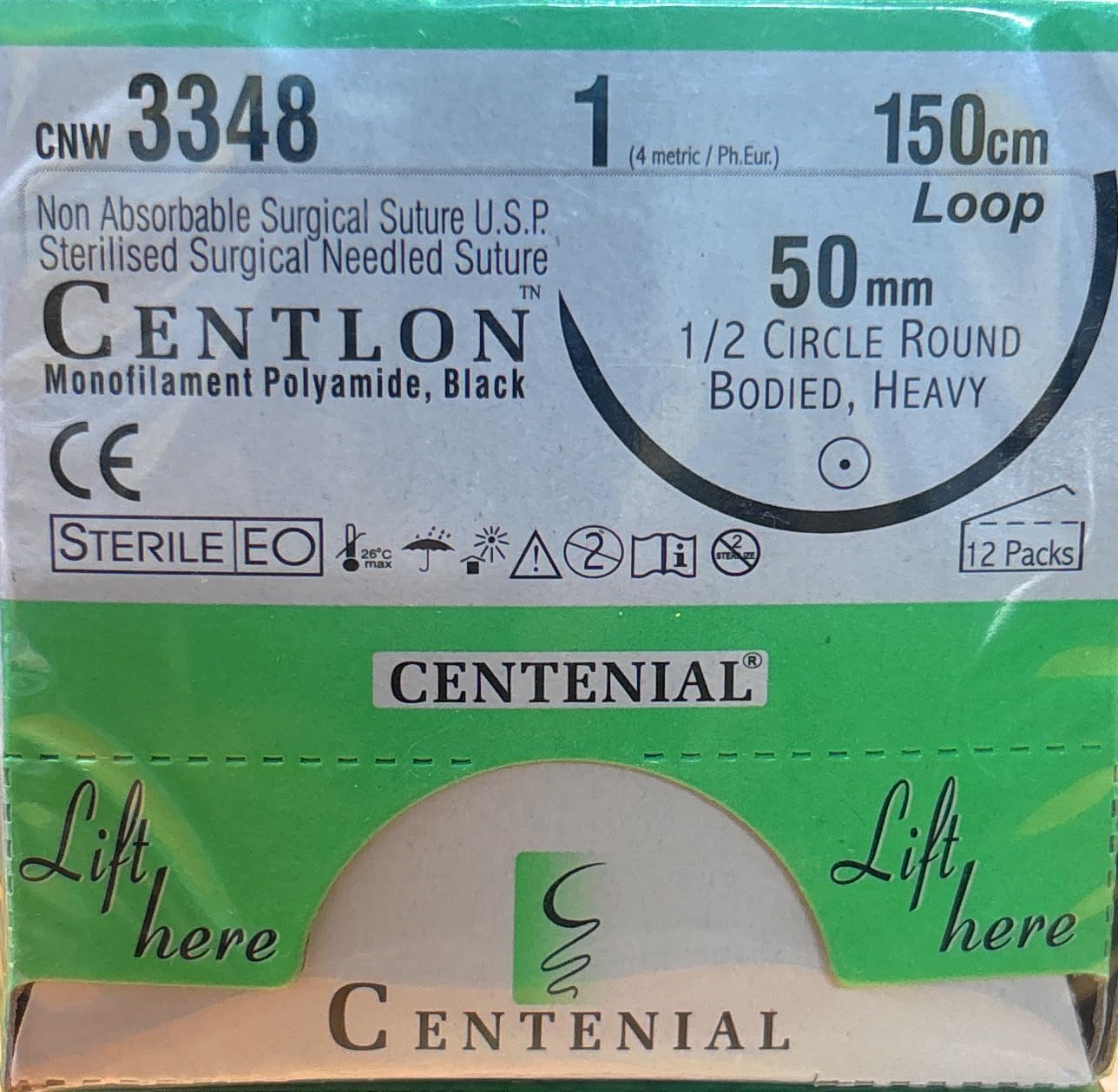 Nylon Centlon CNW-1-3348,Loop,150cm,50mm1/2 Circle Round Bodied,Heavy Surgical Sutures,Threads,stitches Pack of 1 Box (count 12pcs)
