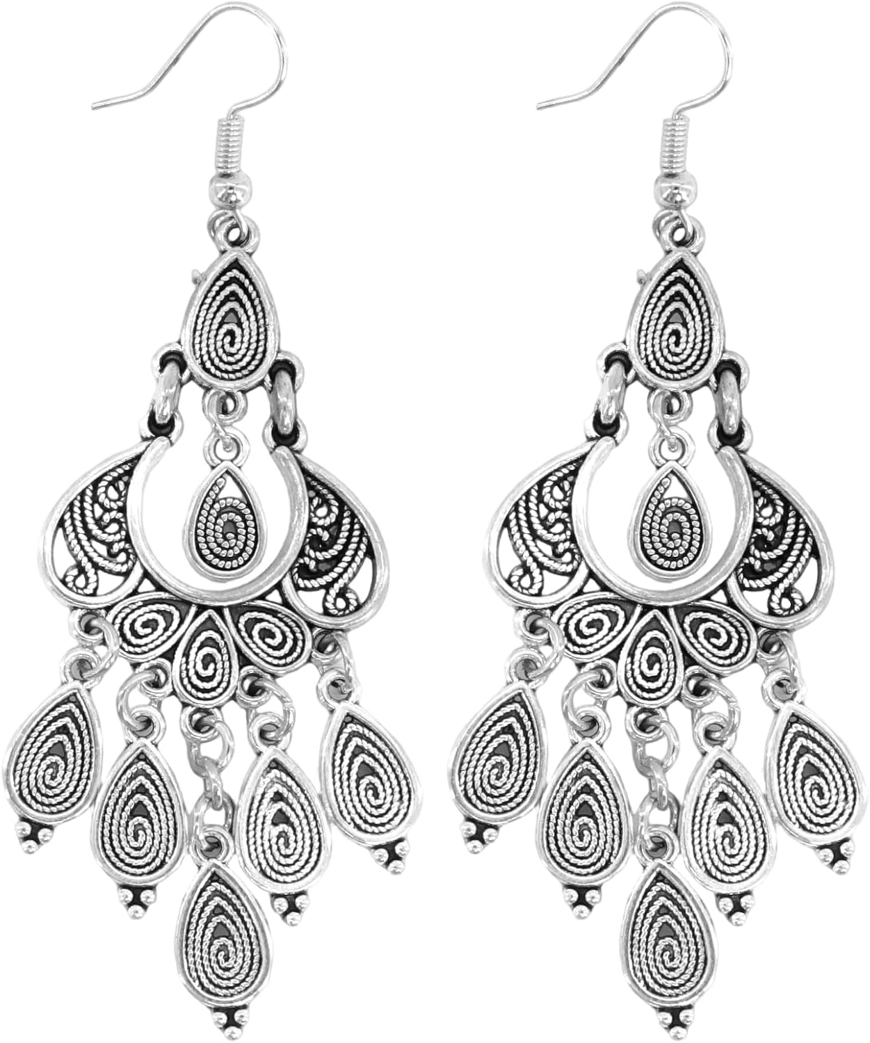 Chandelier Earrings for Women, Bohemian Silver Filigree Drop Earrings - 3 Inch Lightweight Boho Chandelier Earrings with Tassel, Hypoallergenic Statement Jewelry for Wedding & Festival