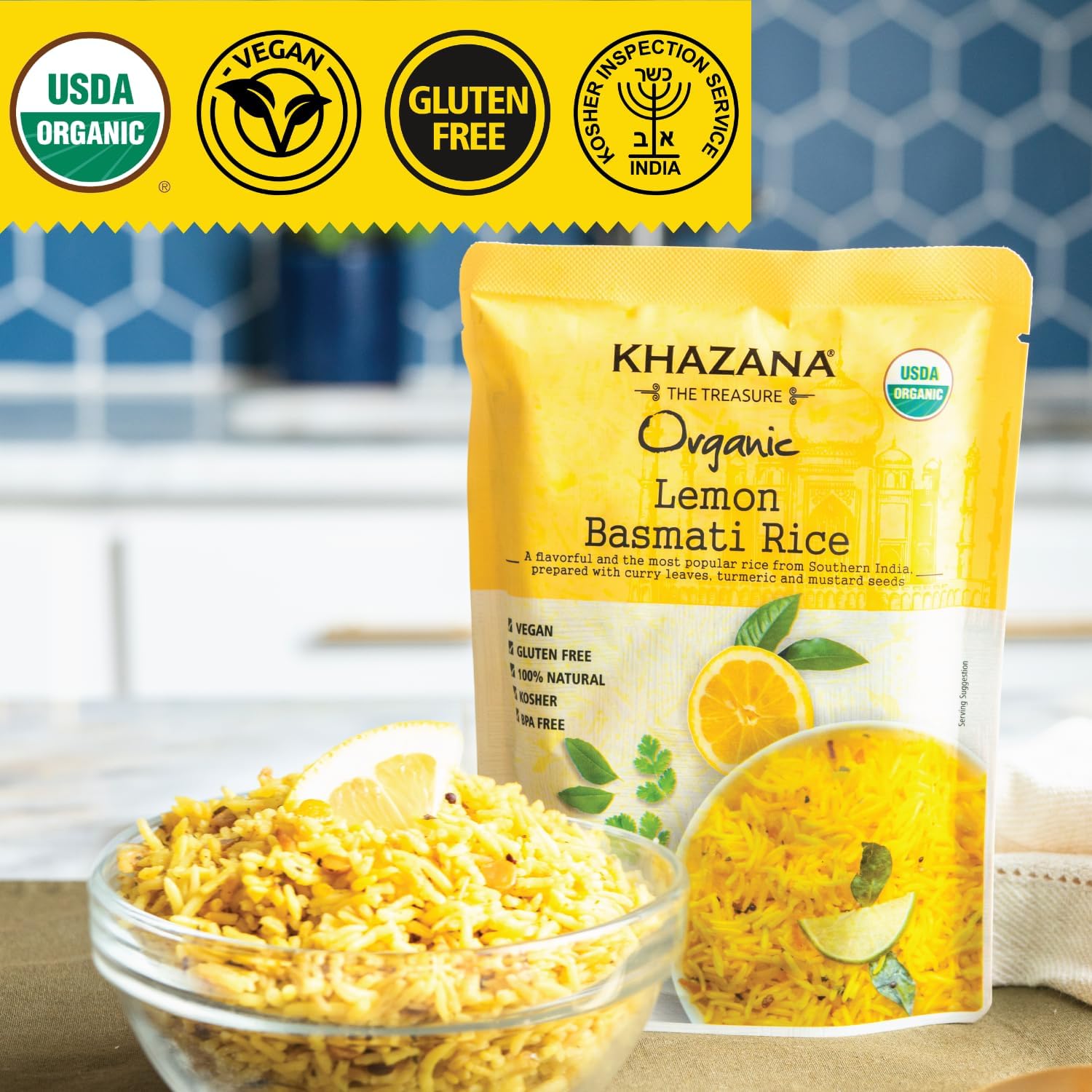 Khazana Authentic Lemon Ready To Heat Basmati Rice (Pack of 6, 8.8oz) | Non-GMO, Vegan, Gluten Free & Kosher | Aromatic & Flavorful Organic Grain From India | Microwavable Instant Rice in 90 Seconds!