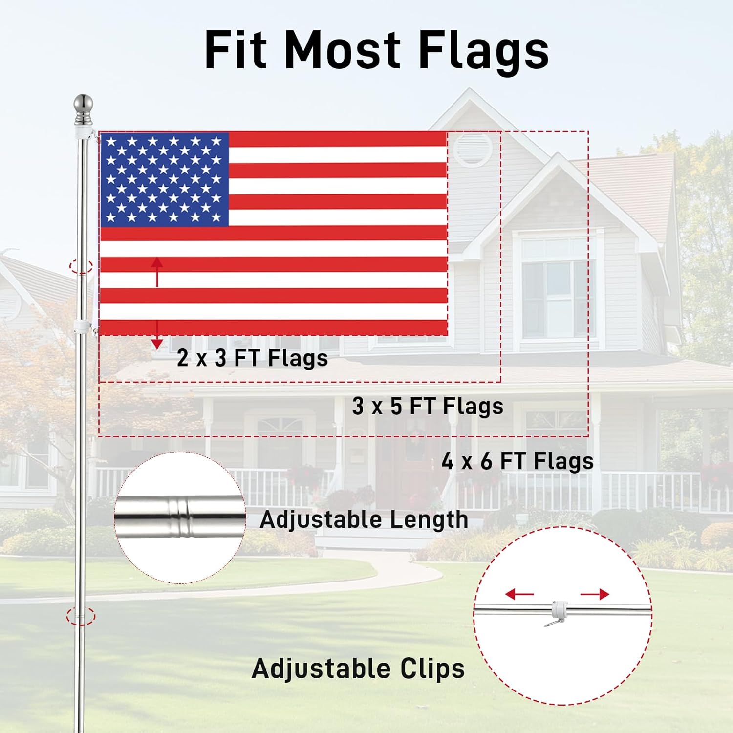American Flag with Pole Kit for Outside House - 6 FT Silver Stainless Steel Flagpole, 3x5 Embroidered US Flag & Wall Mounting Holder Bracket, No Tangle Spinning Flag Pole Kit for Outdoor Porch